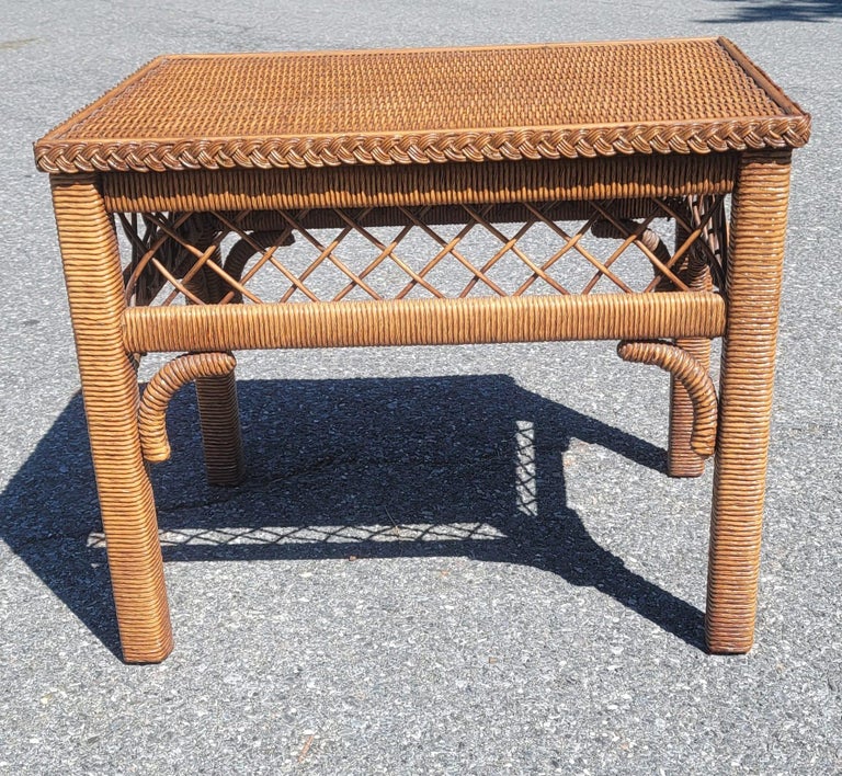Henry Link Boho Chic Wicker, Rattan and Glass Top Side Table For Sale