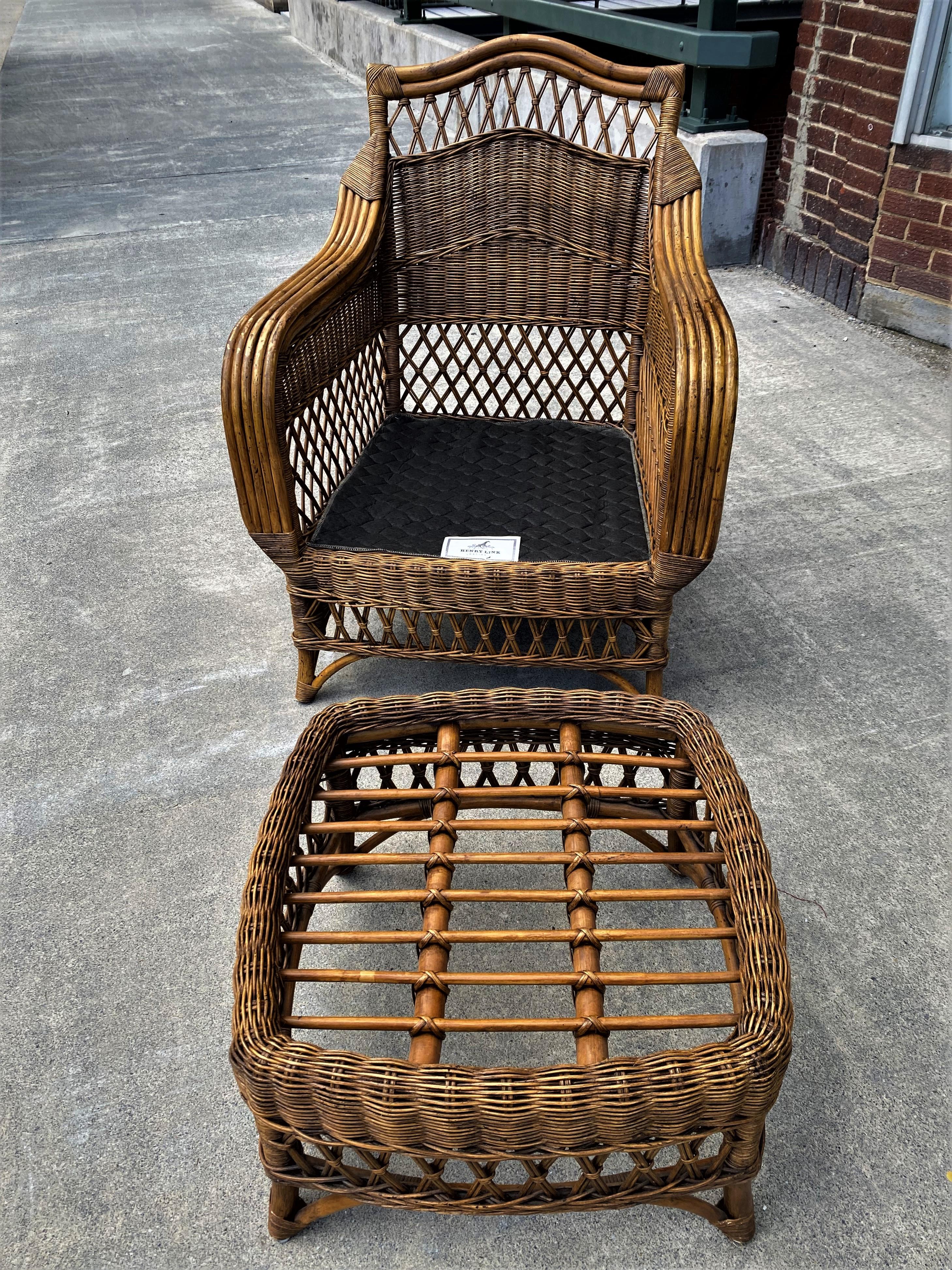 Stained Henry Link Natural Rattan/Wicker/Bamboo Armchair & Ottoman For Sale