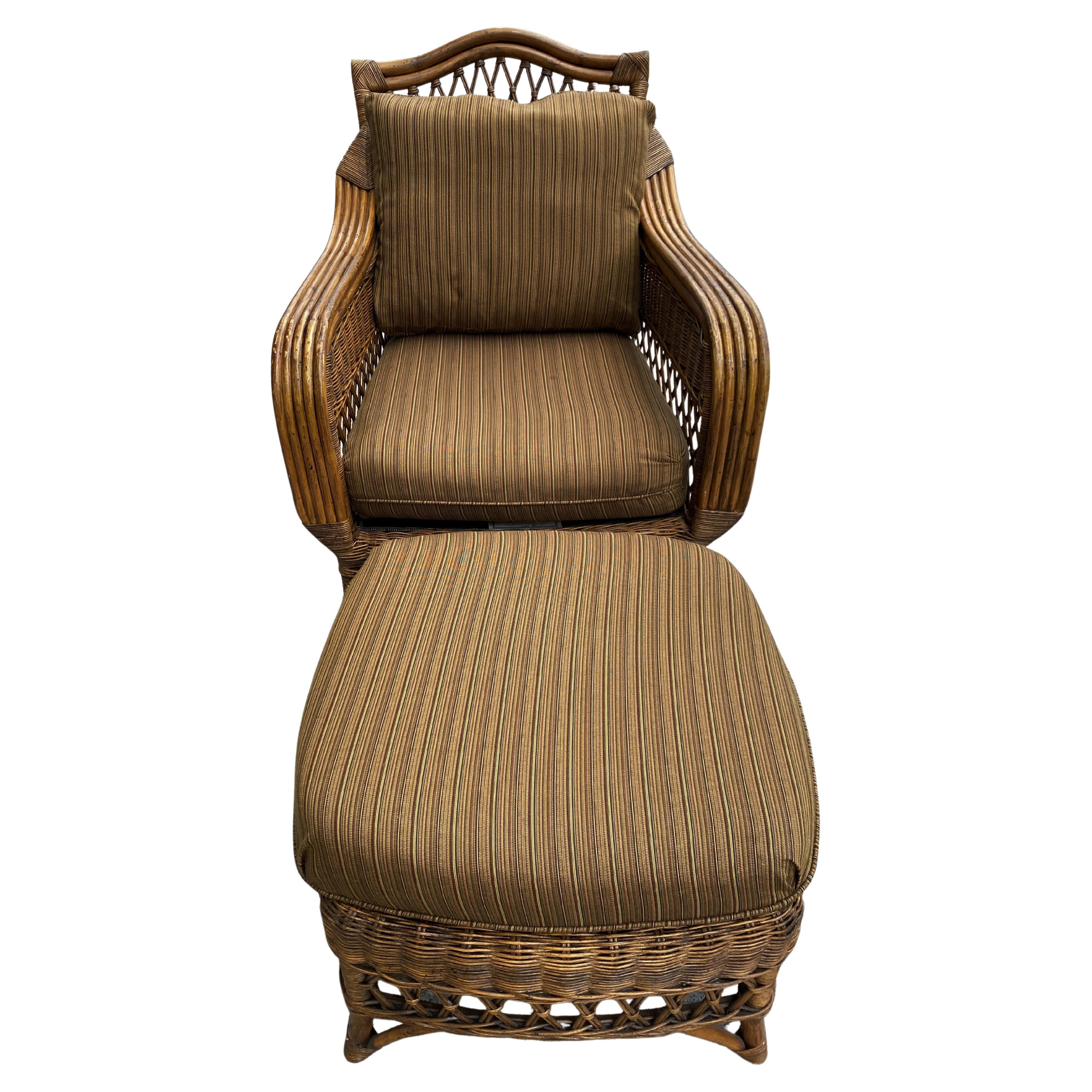 Henry Link Natural Rattan/Wicker/Bamboo Armchair & Ottoman For Sale