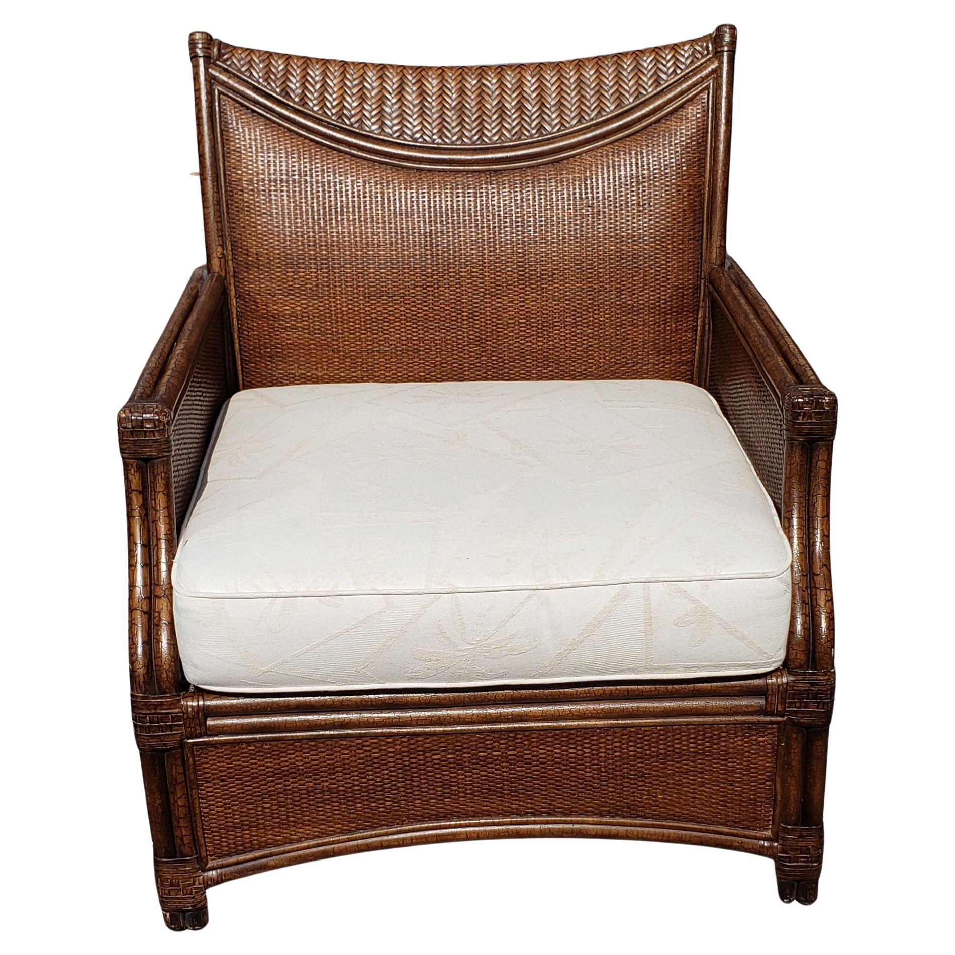 Contemporary Henry Link Oversize Rattan Wicker and Leather Straps Lounge Chair and Ottoman For Sale