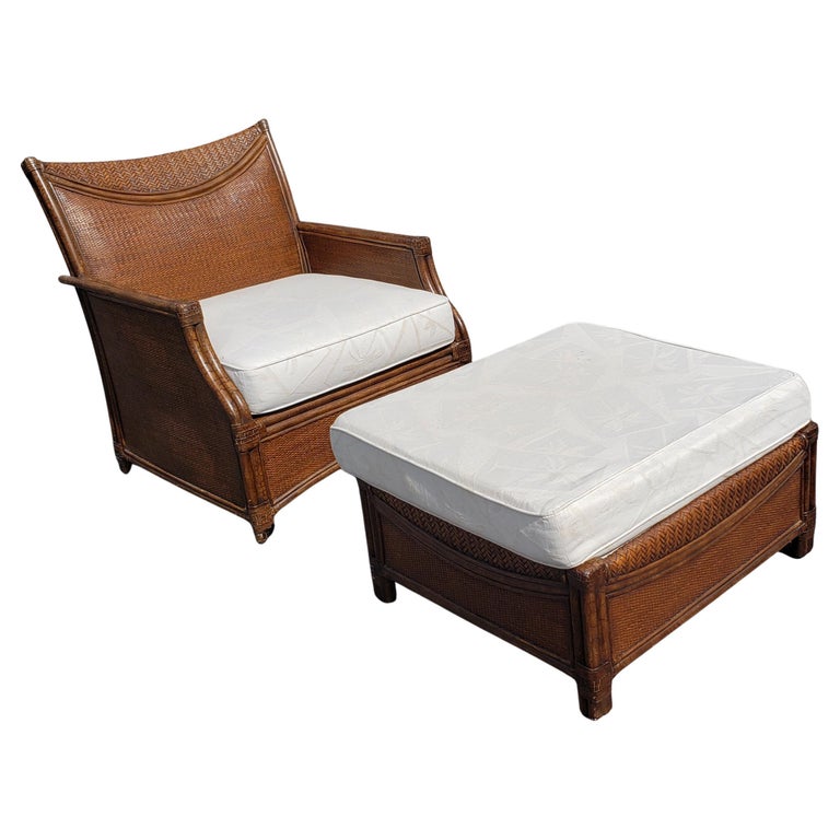 Henry Link Oversize Rattan Wicker and Leather Straps Lounge Chair and