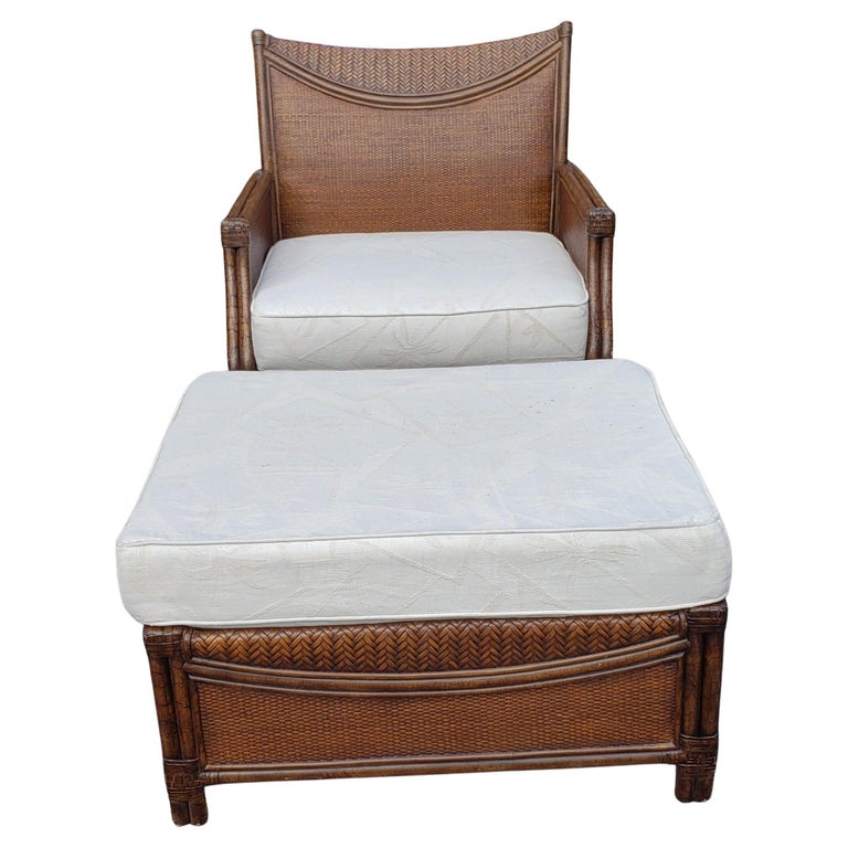 Henry Link Oversize Rattan Wicker and Leather Straps Lounge Chair and