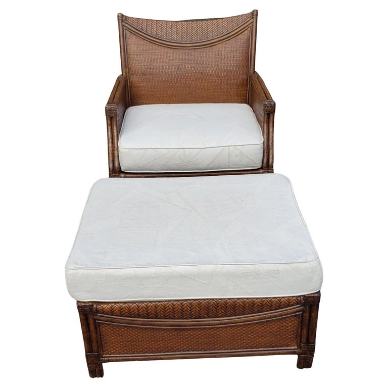 Henry Link Oversize Rattan Wicker and Leather Straps Lounge Chair and Ottoman For Sale at 1stDibs
