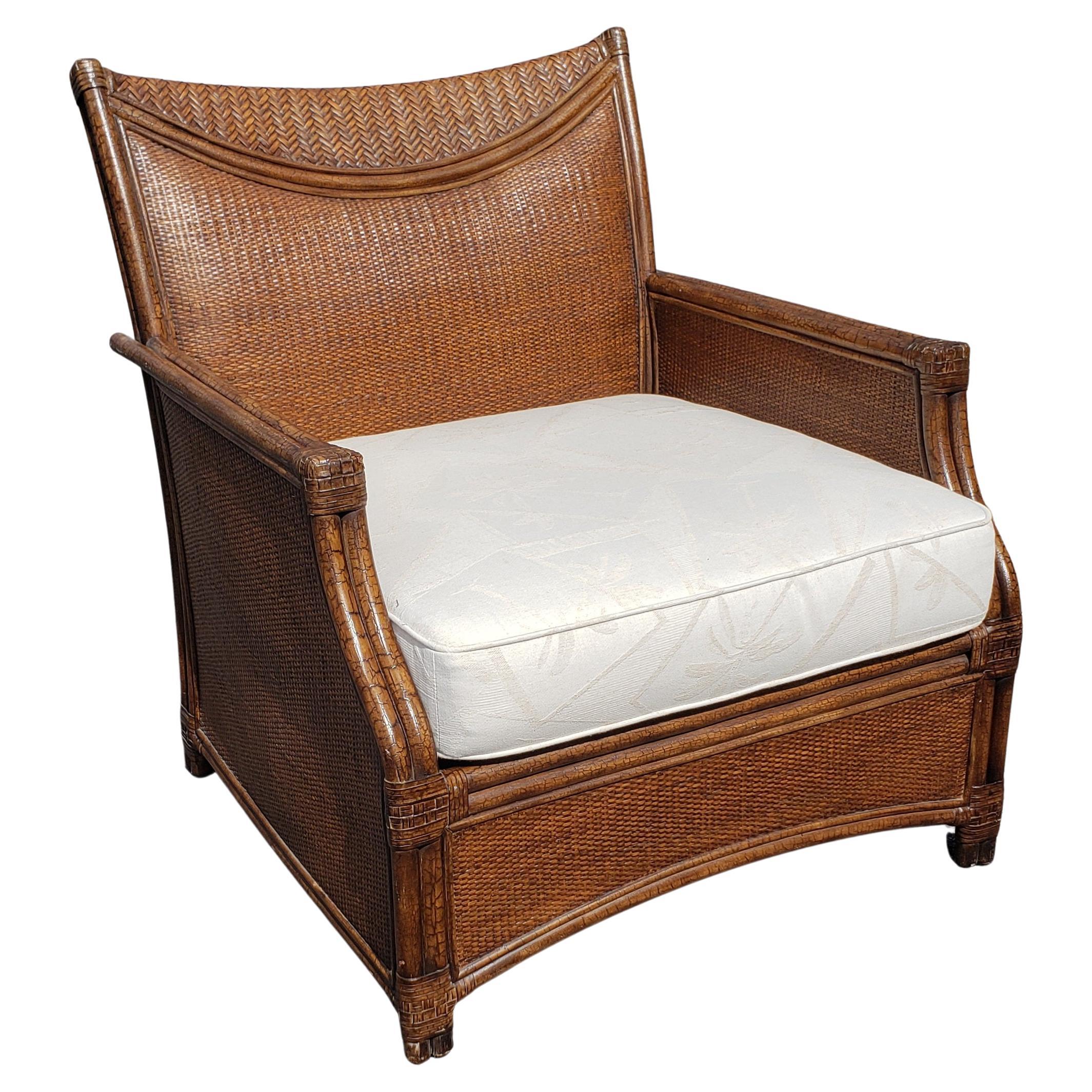 Asian Henry Link Oversize Rattan Wicker and Leather Straps Lounge Chair and Ottoman For Sale