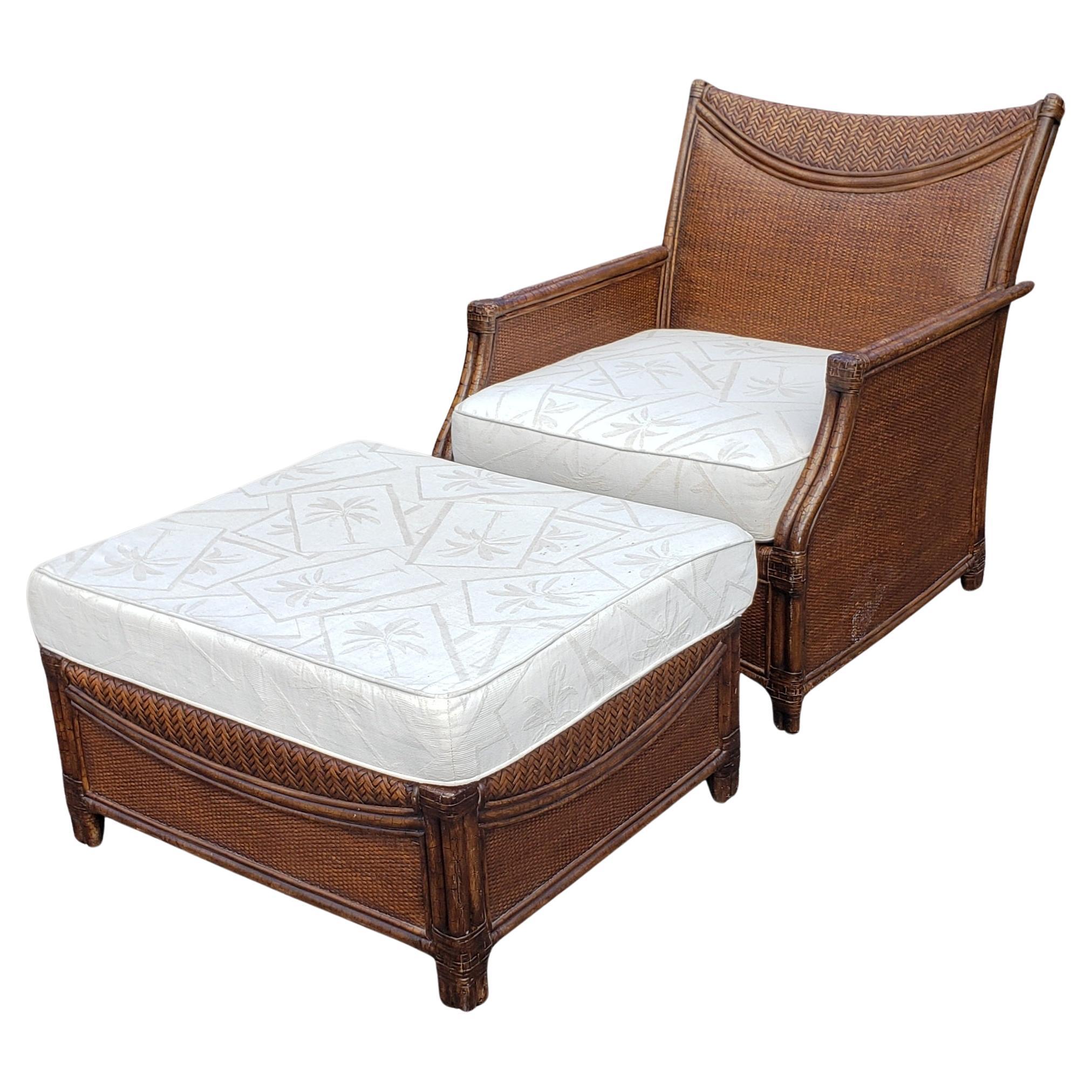 Henry Link Oversize Rattan Wicker and Leather Straps Lounge Chair and Ottoman For Sale