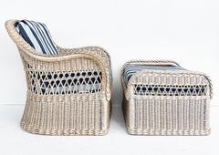 Henry Link Rattan Lounge Chairs, Ottomans, New Sunbrella Upholstery, 2 pairs