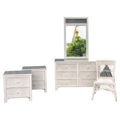 Henry Link Set of White Wicker Bedroom Furniture, Nightstands, Mirror 1980s