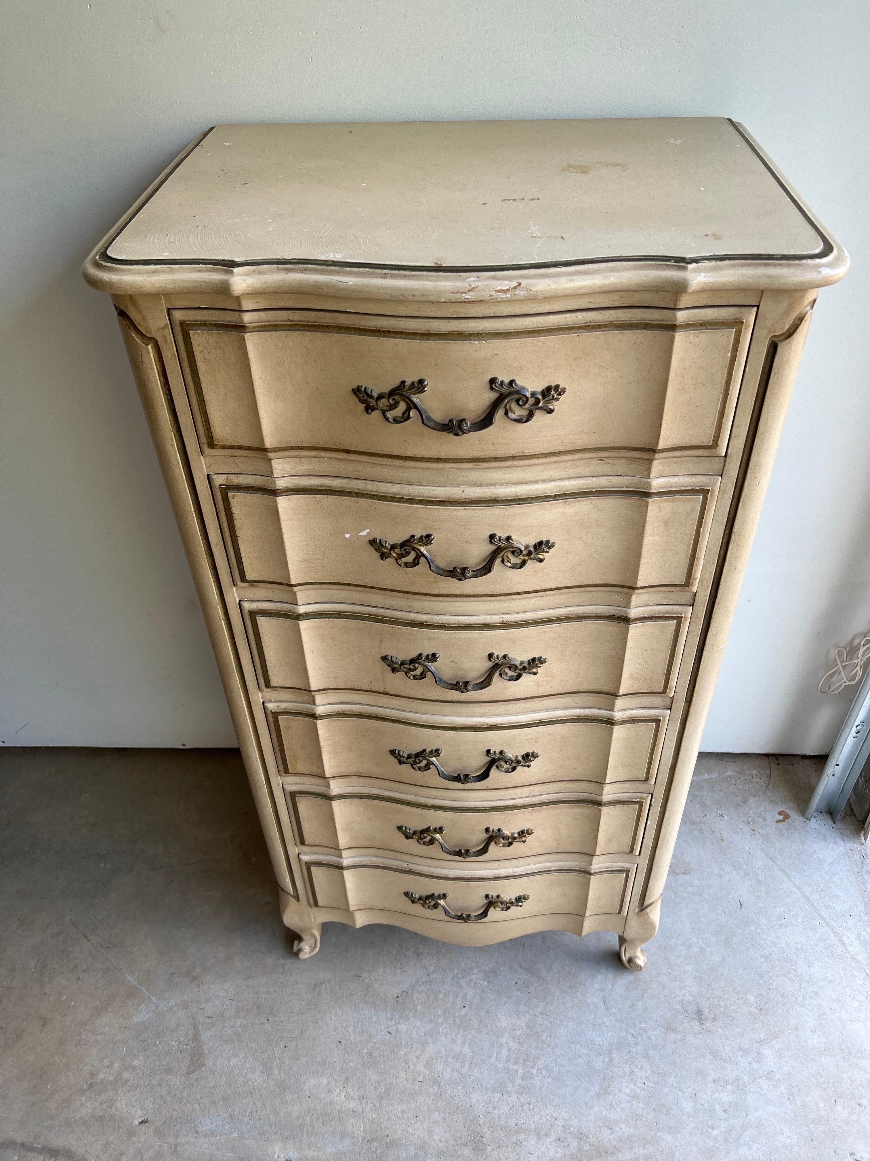 Henry Link Style Lingerie dresser or Semanier. Made by White Furniture. Solid wooden construction. All dovetalied drawers. Could use a repaint. Scuff on top front area. See photos.
