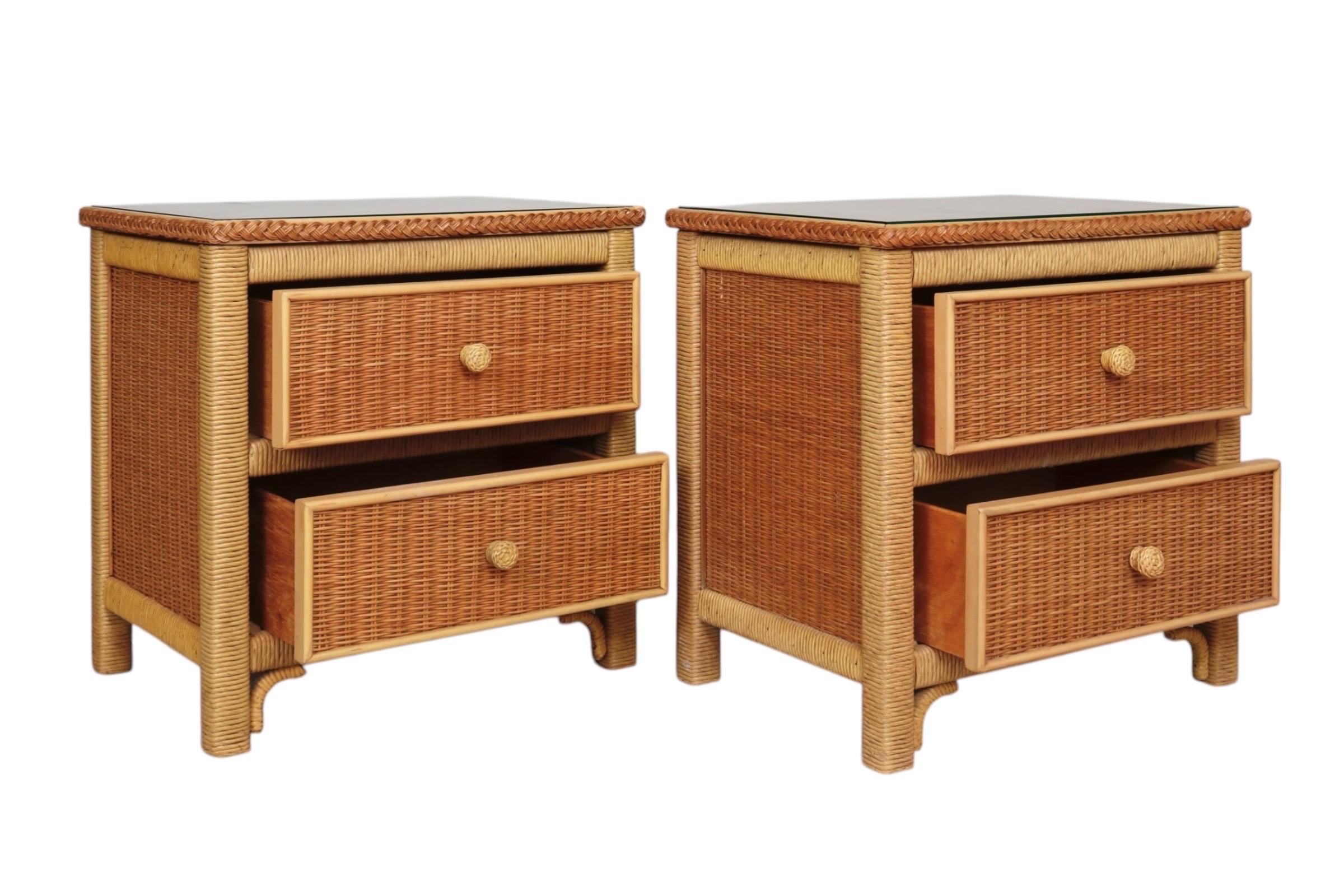 American Henry Link Wicker Nightstands, a Pair