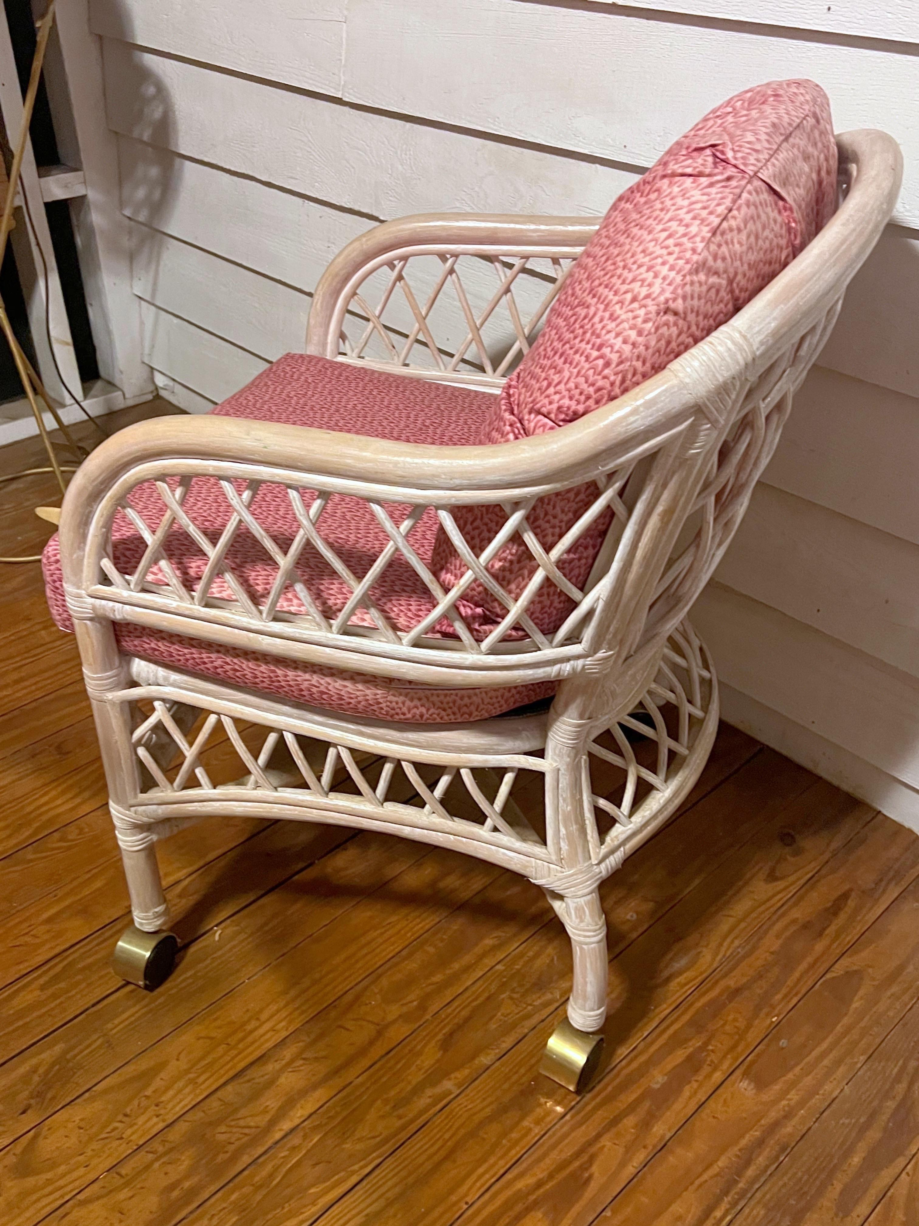 Talk about Palm Beach Chic! A set of 6 chairs around a fabulous pedestal table. This is a great set for the porch or inside! Beveled glass top. 

Table top measures 44” diameter x 28.5” tall
Base measures: 20” diameter x 27.75” tall
Chairs