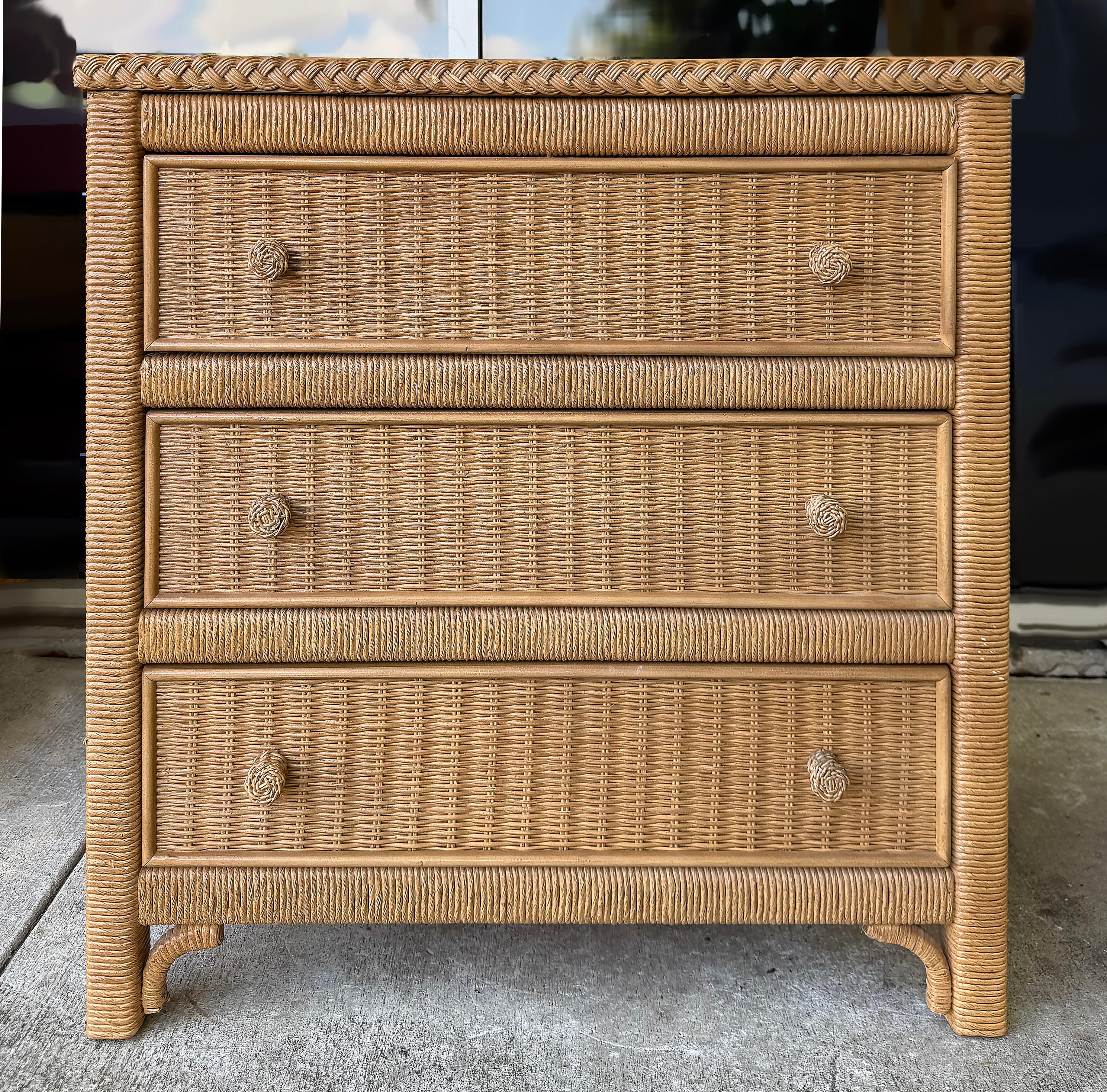 Henry Link Woven Wicker 3-Drawer Chests for Lexington,  Pair

Offered for sale is a pair of Henry Link 3- drawer woven wicker chests for Lexington.  These Coastal chests are nicely made with the Henry Link signature woven braid across the top edges.