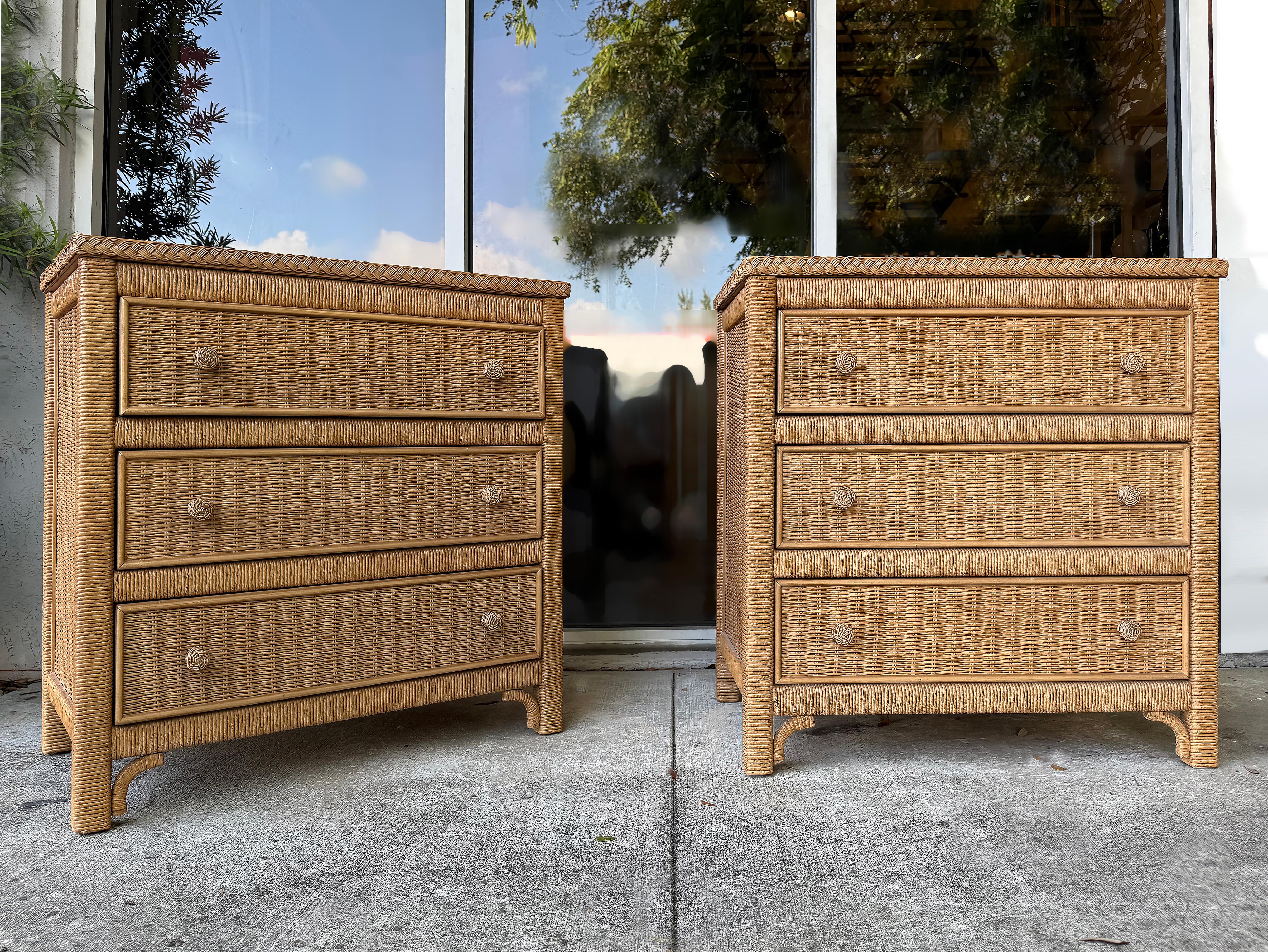 American Henry Link Woven Wicker 3-Drawer Chests for Lexington,  Pair For Sale