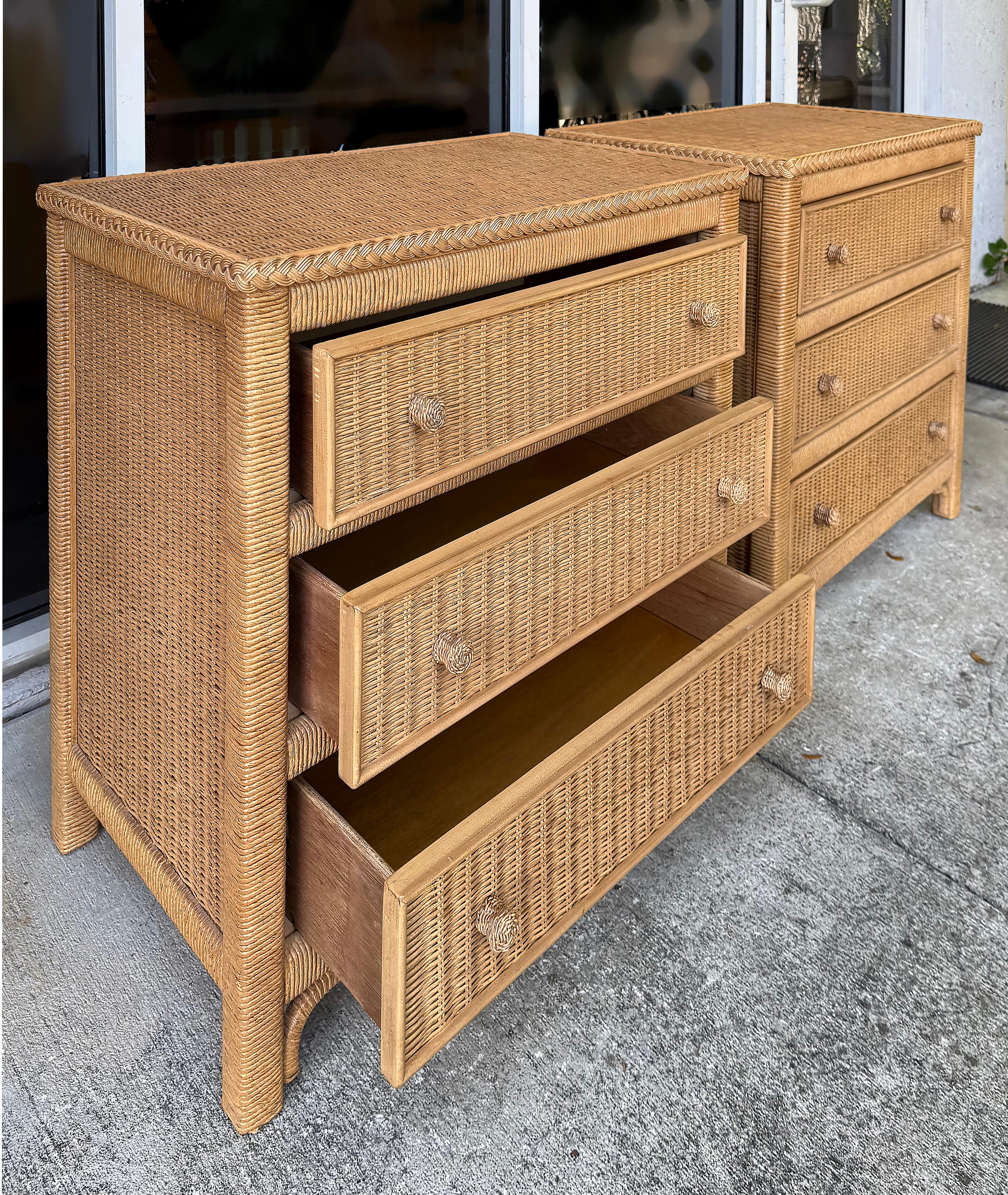 20th Century Henry Link Woven Wicker 3-Drawer Chests for Lexington,  Pair For Sale