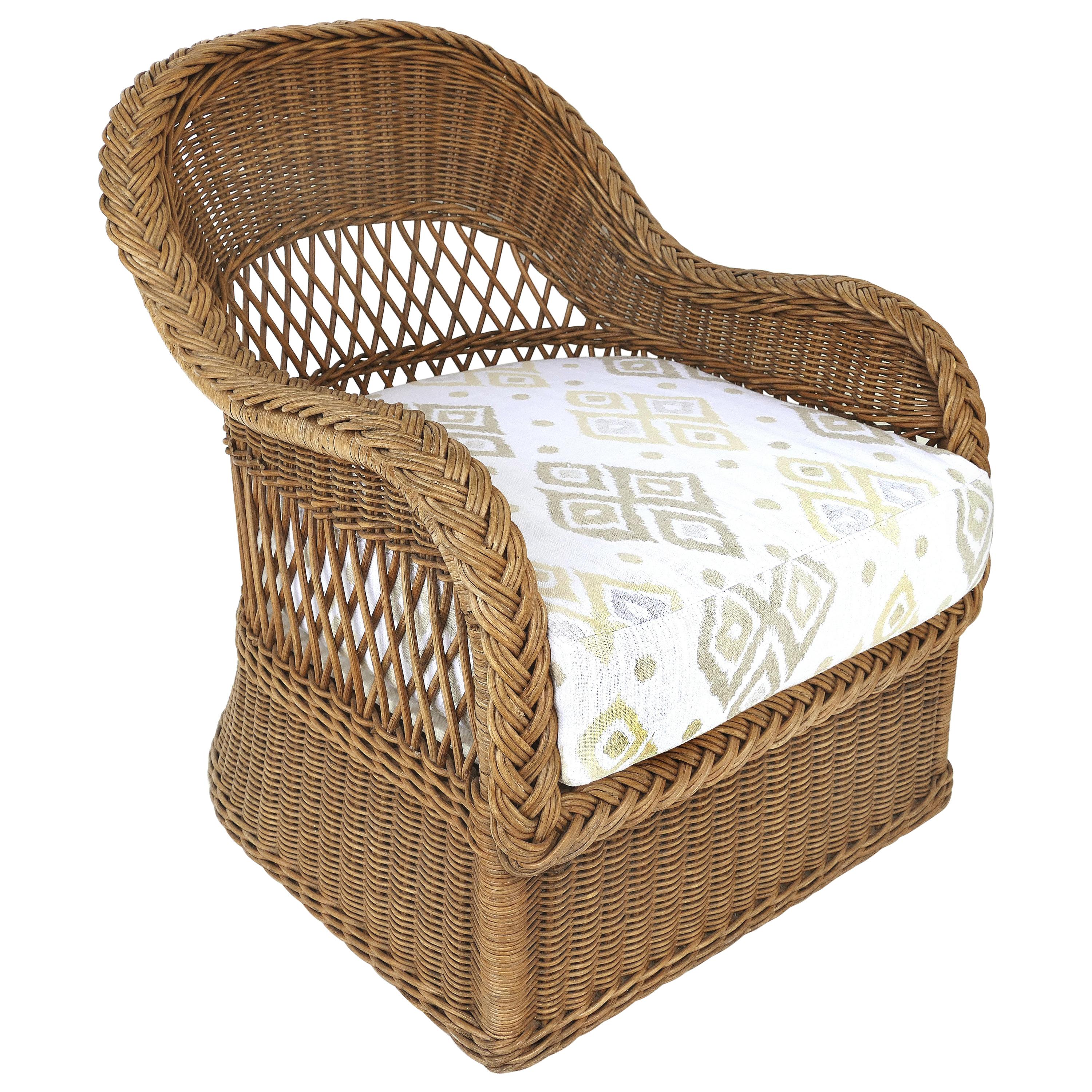 Henry Link Woven Wicker Club Chair, Newly Upholstered For Sale at 1stdibs