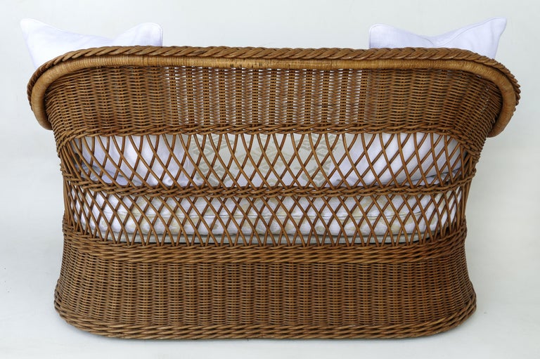 Henry Link Woven Wicker Loveseat Settee, Newly Upholstered For Sale at