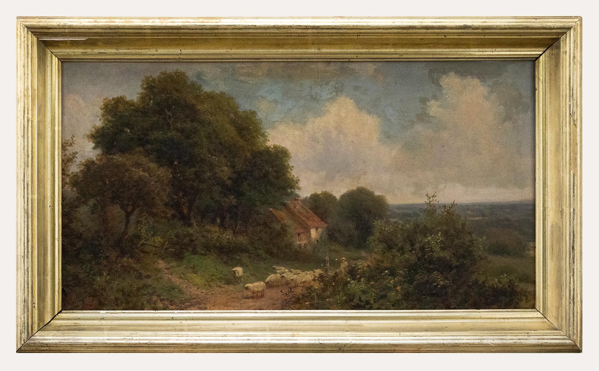 Henry maidment Landscape Painting - Henry Maidment (fl.1889-1914) - Framed c.1900 Oil, Shepherding the Flock