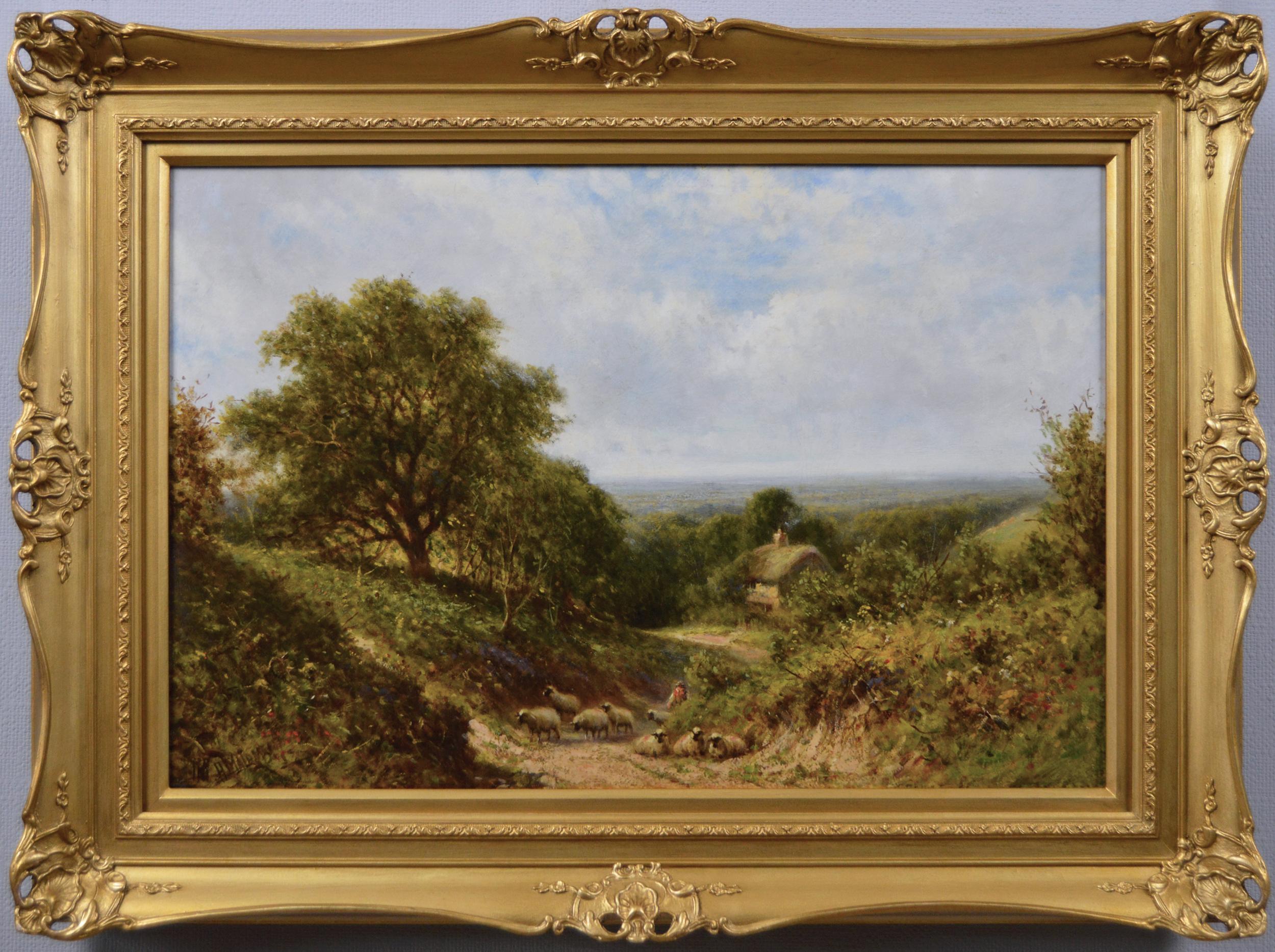 Peinture à l'huile de paysage du 19e siècle représentant des moutons