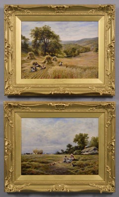 Antique 19th Century pair of Sussex landscape oil paintings of harvesters and haymakers