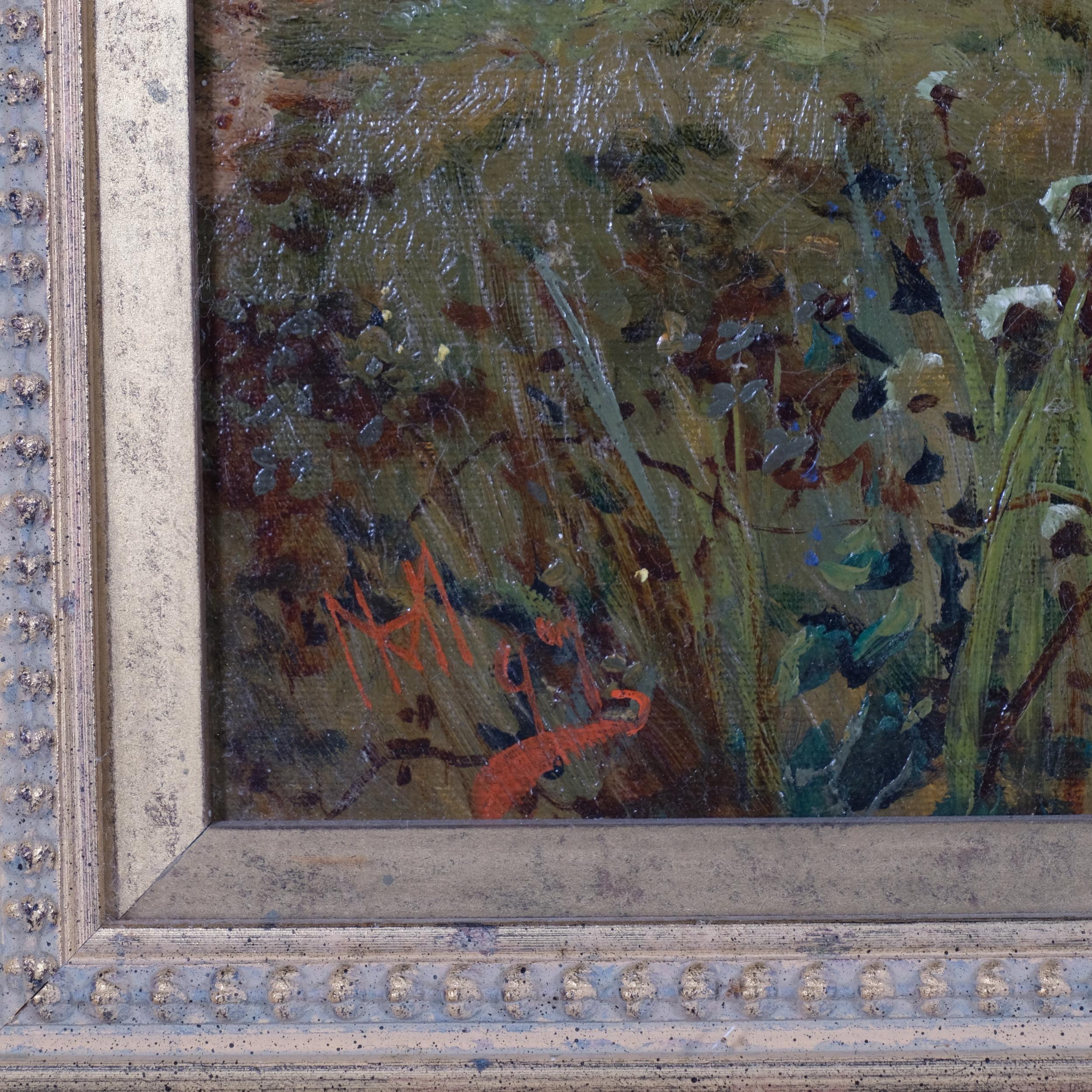 Cottage inglese vittoriano del XIX secolo Paesaggio fluviale con sole al tramonto - Painting di Henry Maidment