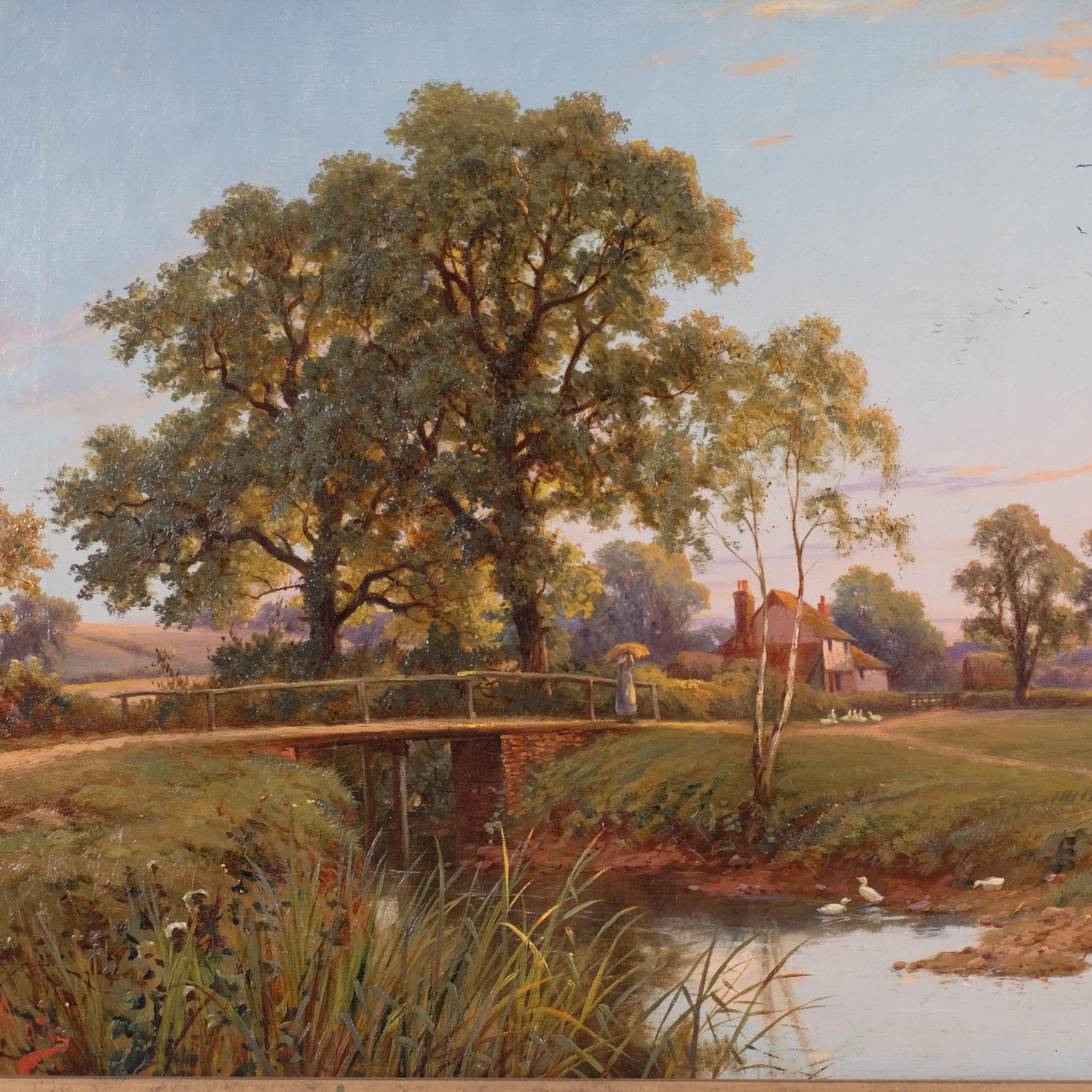 Cottage inglese vittoriano del XIX secolo Paesaggio fluviale con sole al tramonto - Painting Vittoriano di Henry Maidment