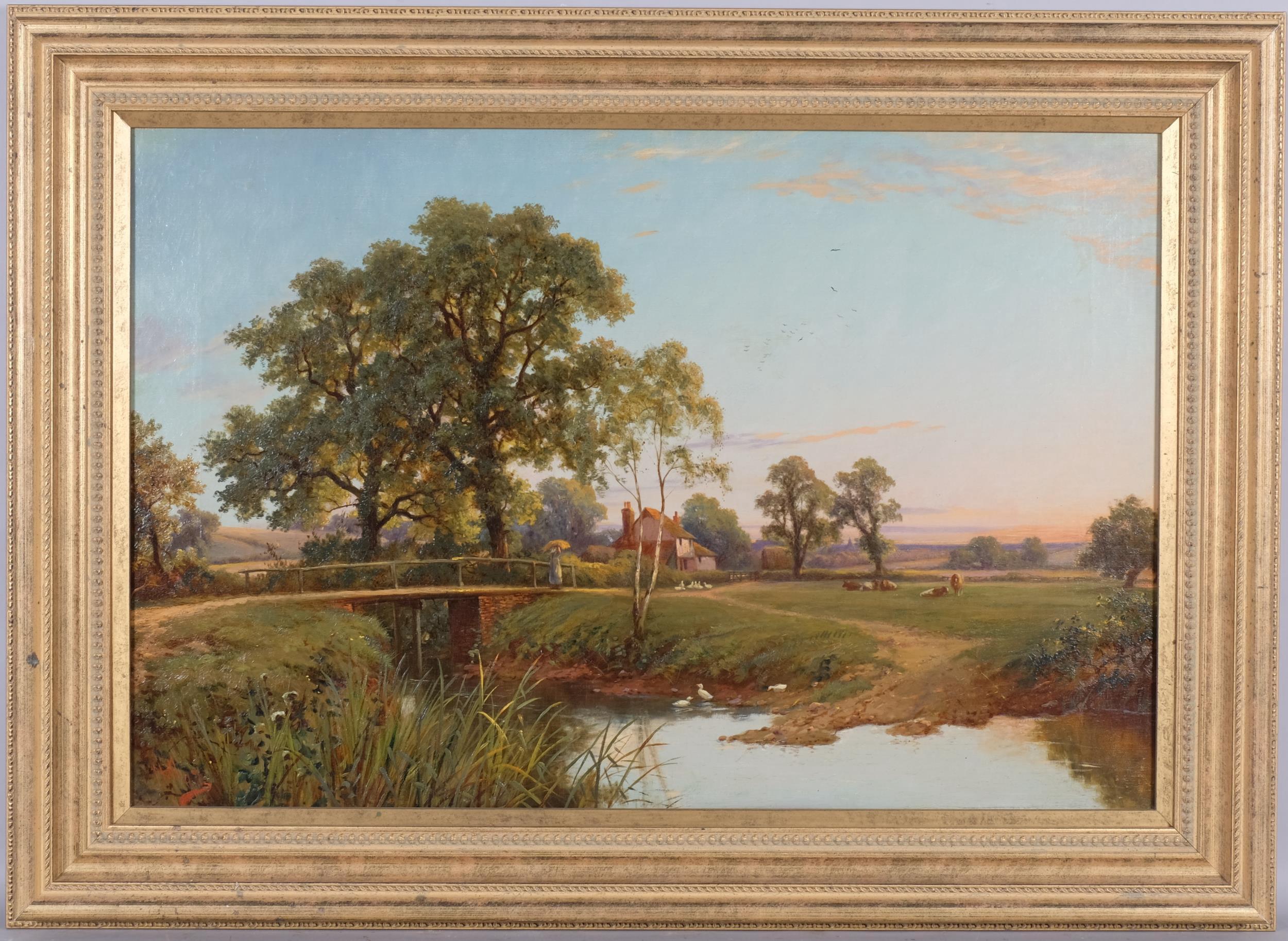 19th Century Victorian English cottage River landscape during a setting Sun