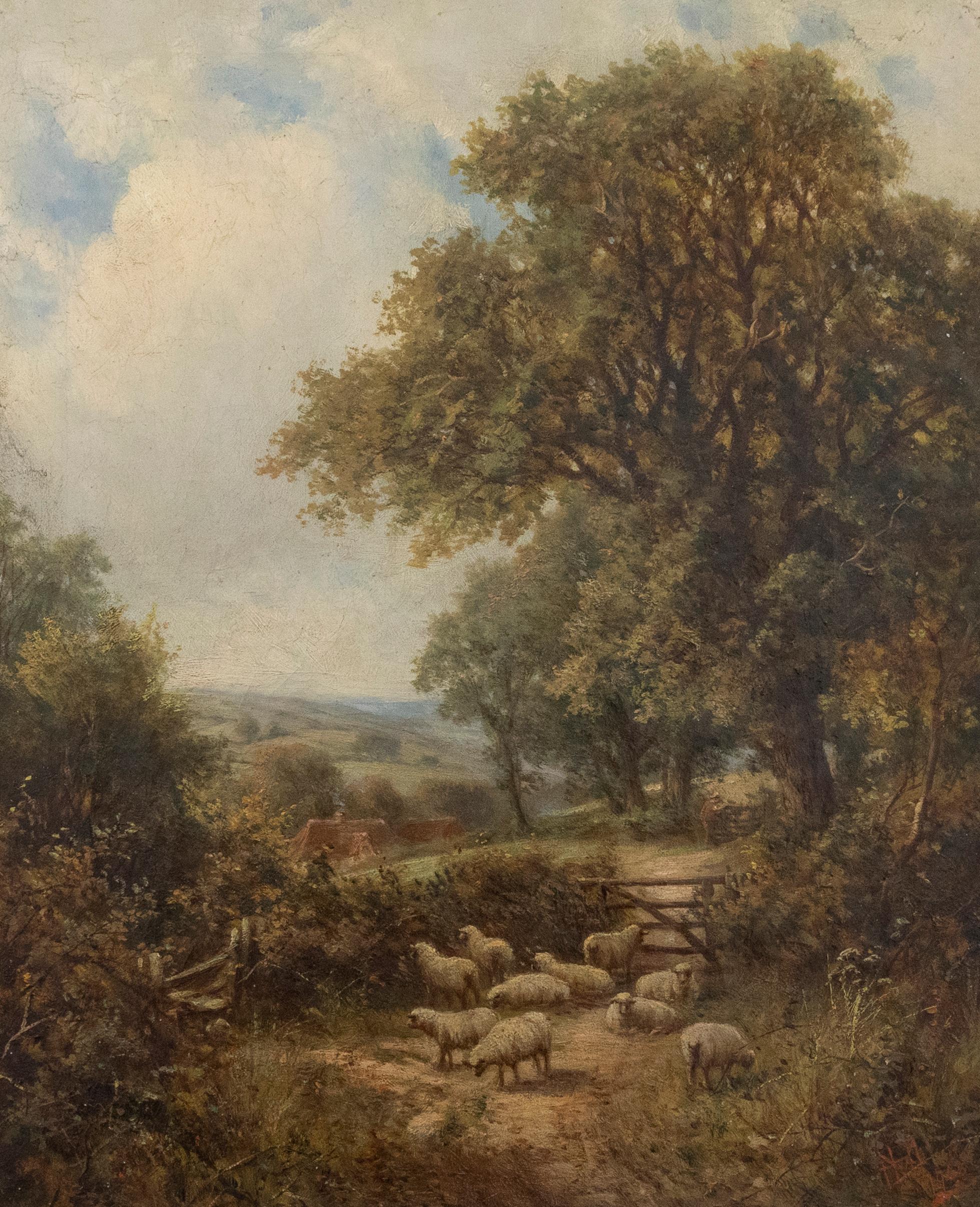 A stunning early 20th century genre scene by British artist Henry Maidment (act.1889-1914). In the foreground a small flock of sheep can be seen contently grazing a quiet fenced field. All apart from one that has its eyes fixed on a swift moving