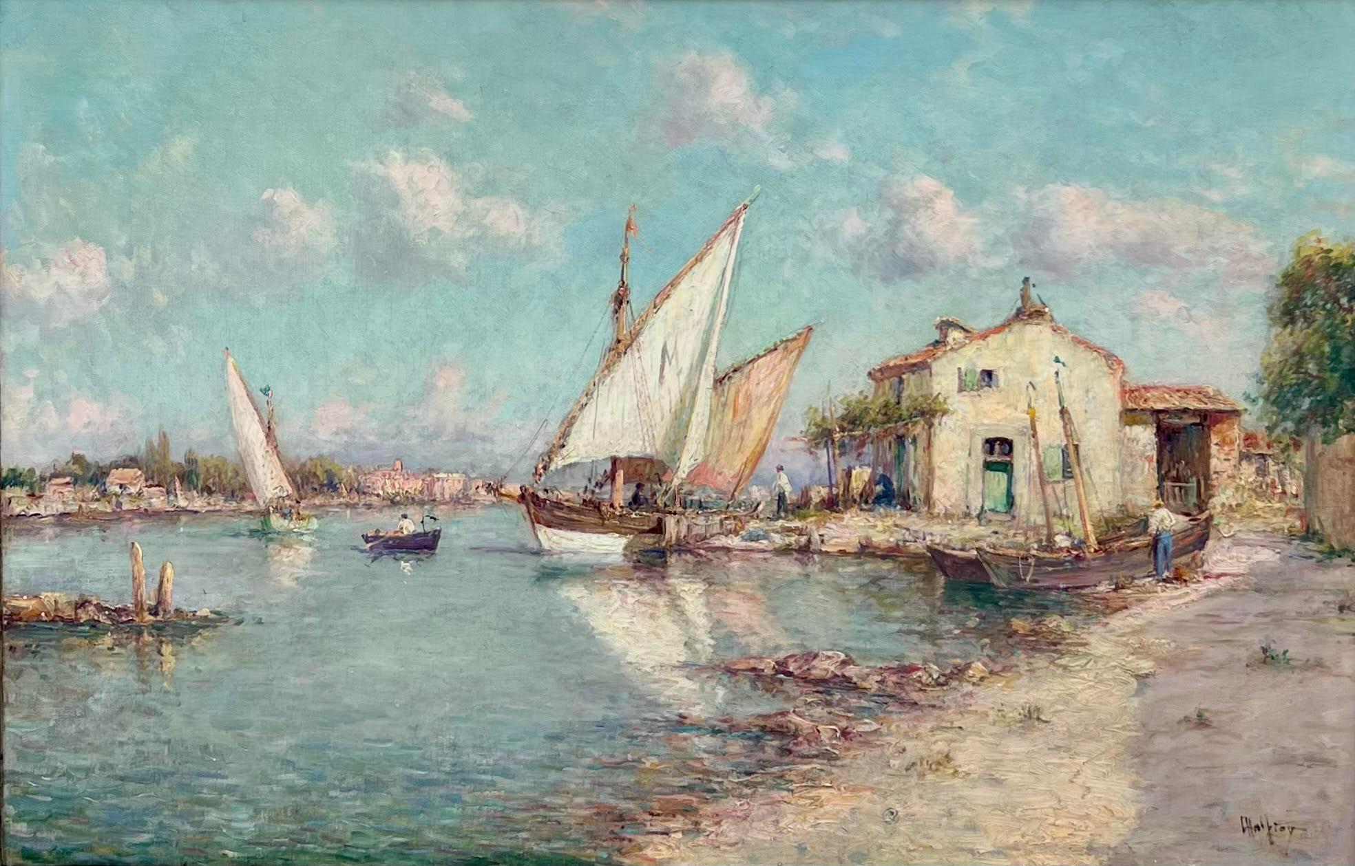 Boats in a Mediterranean Harbor - Painting by Henry Malfroy