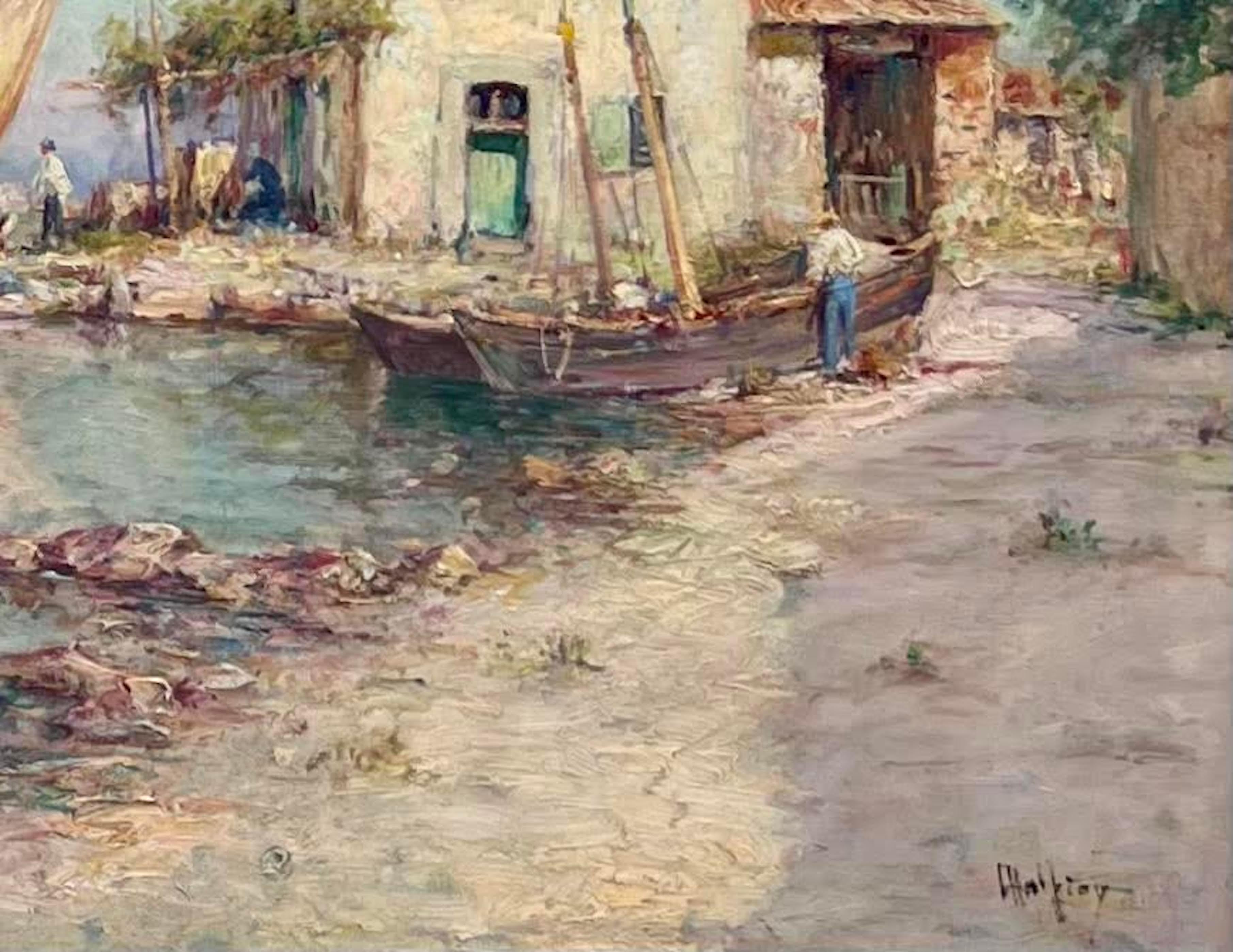 Boats in a Mediterranean Harbor - Impressionist Painting by Henry Malfroy