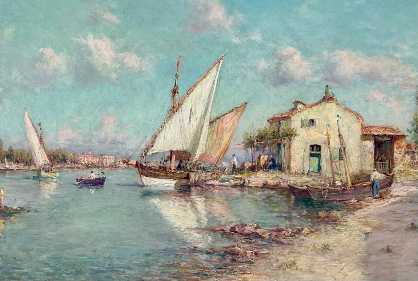 Boats in a Mediterranean Harbor - Brown Landscape Painting by Henry Malfroy
