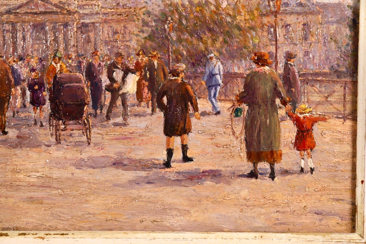 A beautiful oil on canvas by French Post Impressionist painter Henry Malfroy. The piece depicts a bustling city scene of many people on the Pont Des Arts bridge over the Seine river in Paris. A mother holds her young child's hand while another
