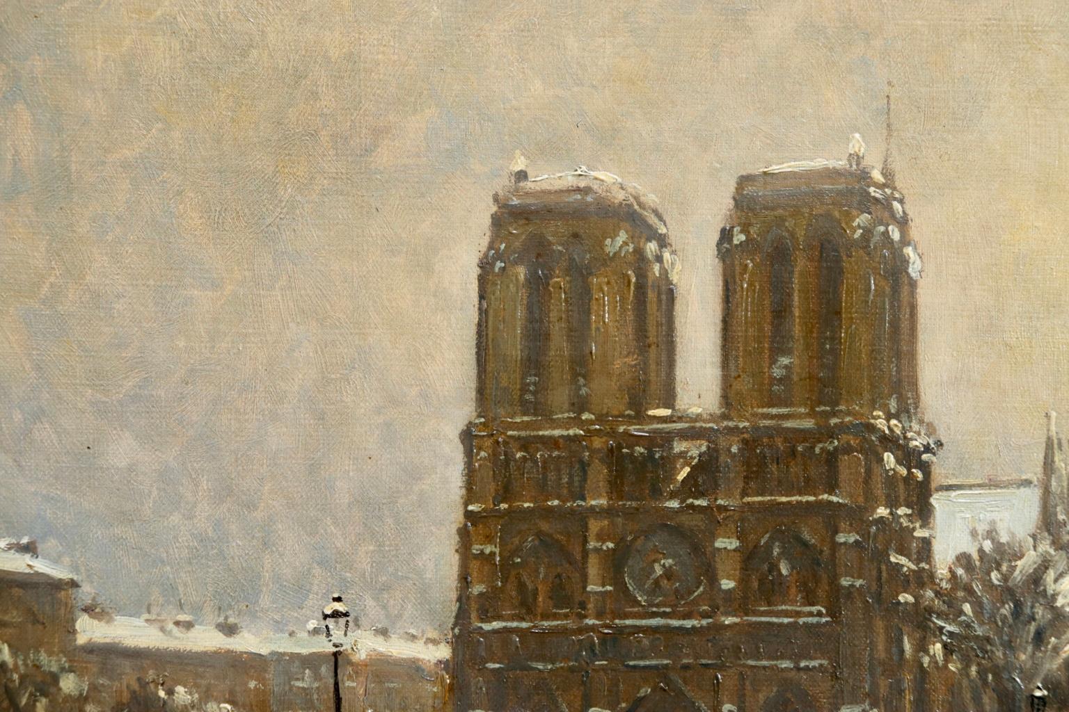 A lovely oil on canvas circa 1920 by French Post Impressionist painter Henry Malfroy depicting figures walking through a snowy street beside the Notre Dame Cathedral in Paris as the sun sits low in the wintery sky. Signed lower left and again verso.