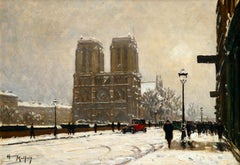 Notre Dame sur la neige - Paris - Figures in Winter Landscape by Henry Malfroy