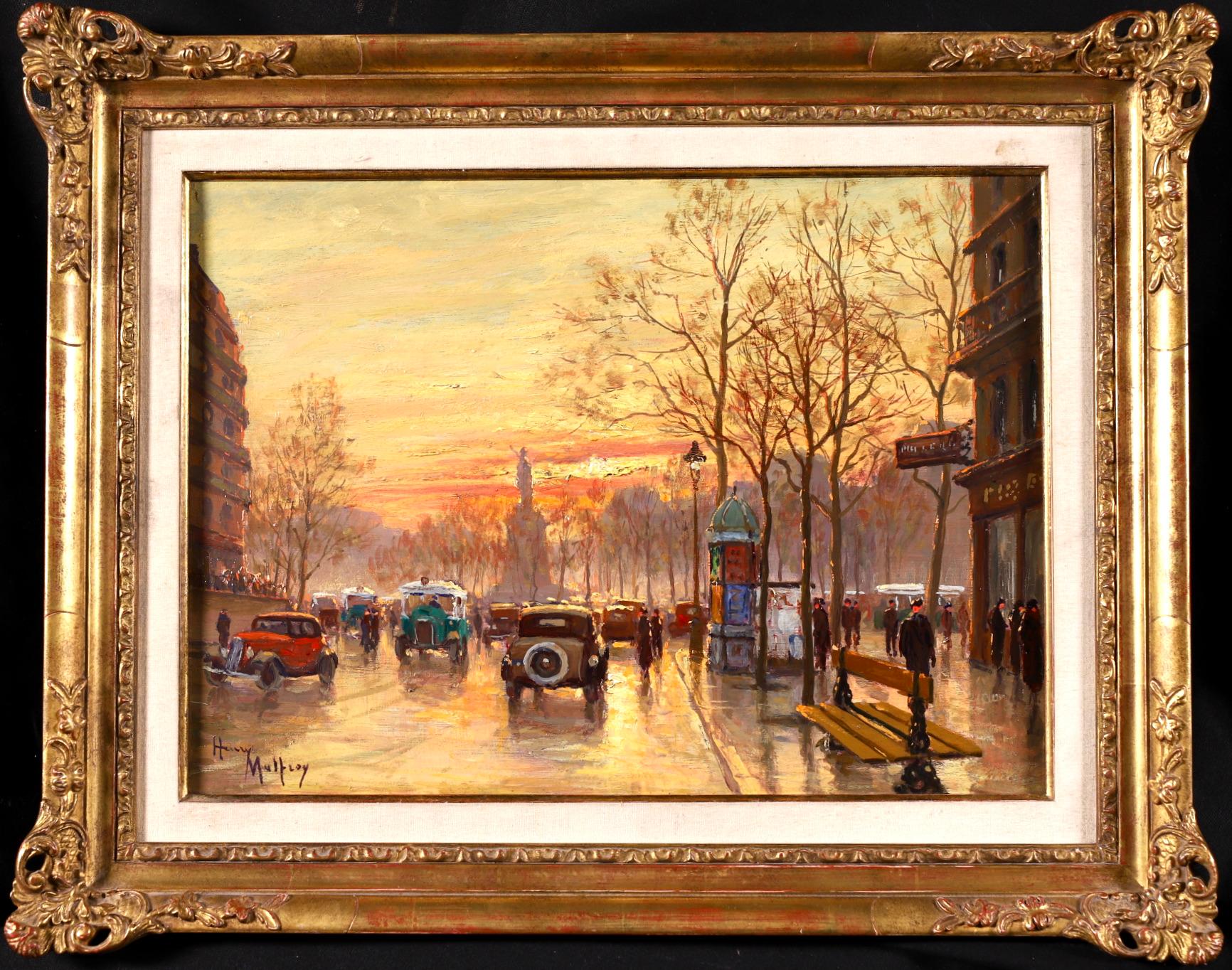 Sunset - Paris - Post Impressionist Oil, Figutres in Cityscape by Henry Malfroy 1