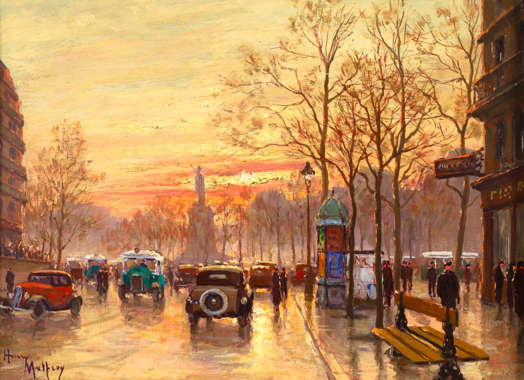 A beautiful oil on canvas circa 1930 by French Post Impressionist painter Henry Malfroy. The piece depicts a bustling street scene in the Place de la Republique square in Paris, France with the sun setting behind the bare autumn trees and the statue