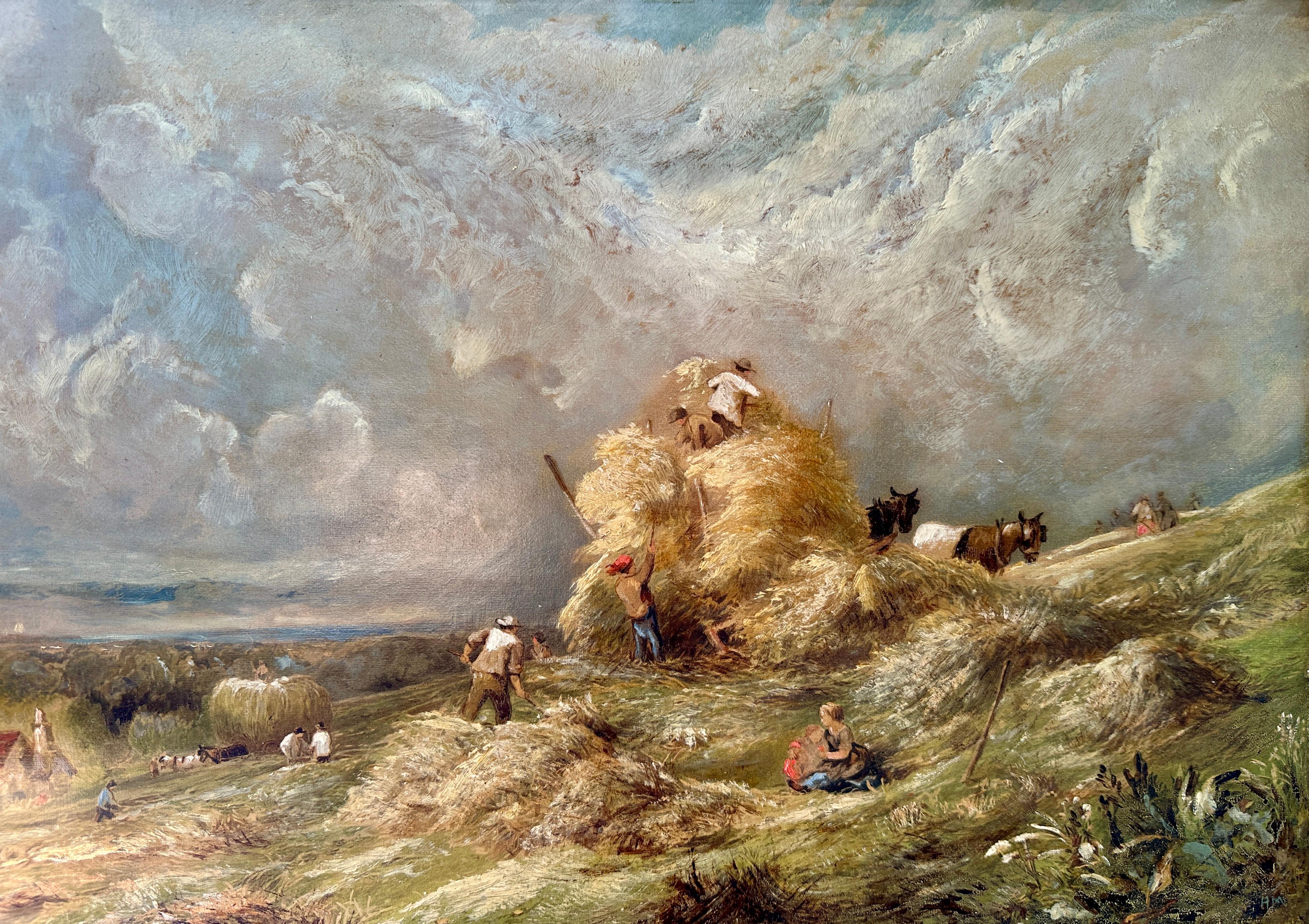 19th century English Rural landscape with figures farming  and harvesting - Painting by Henry Mander
