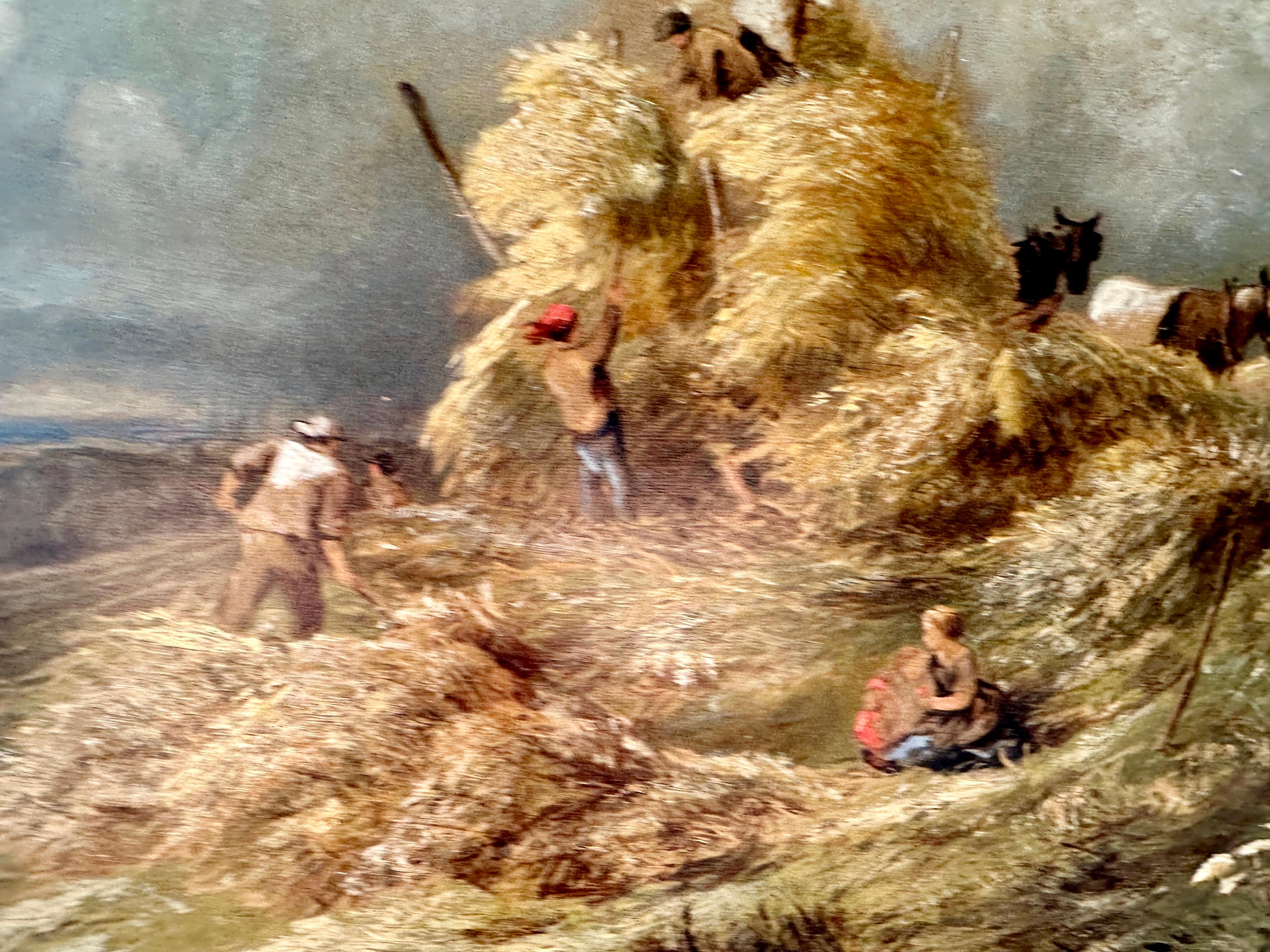 19th century English Rural landscape with figures farming  and harvesting - Victorian Painting by Henry Mander
