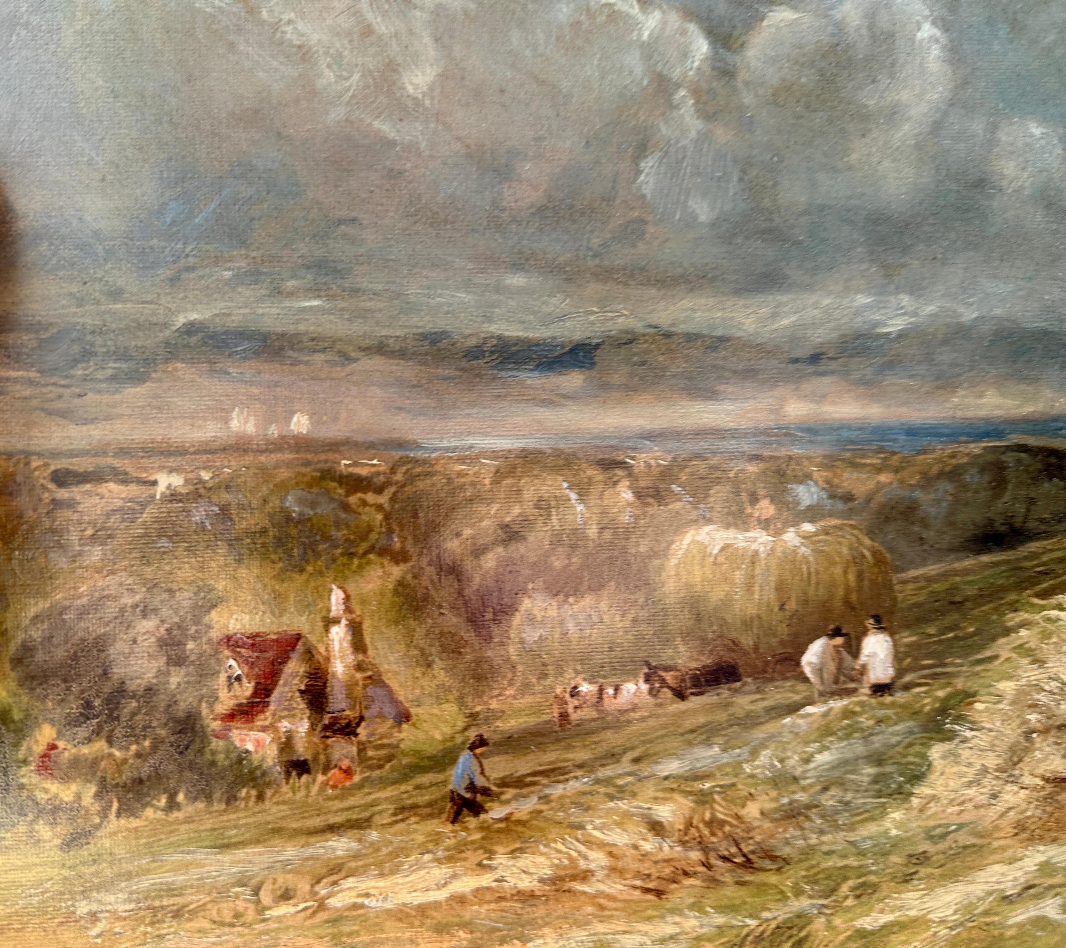 19th century English Rural landscape with figures farming  and harvesting - Gray Figurative Painting by Henry Mander