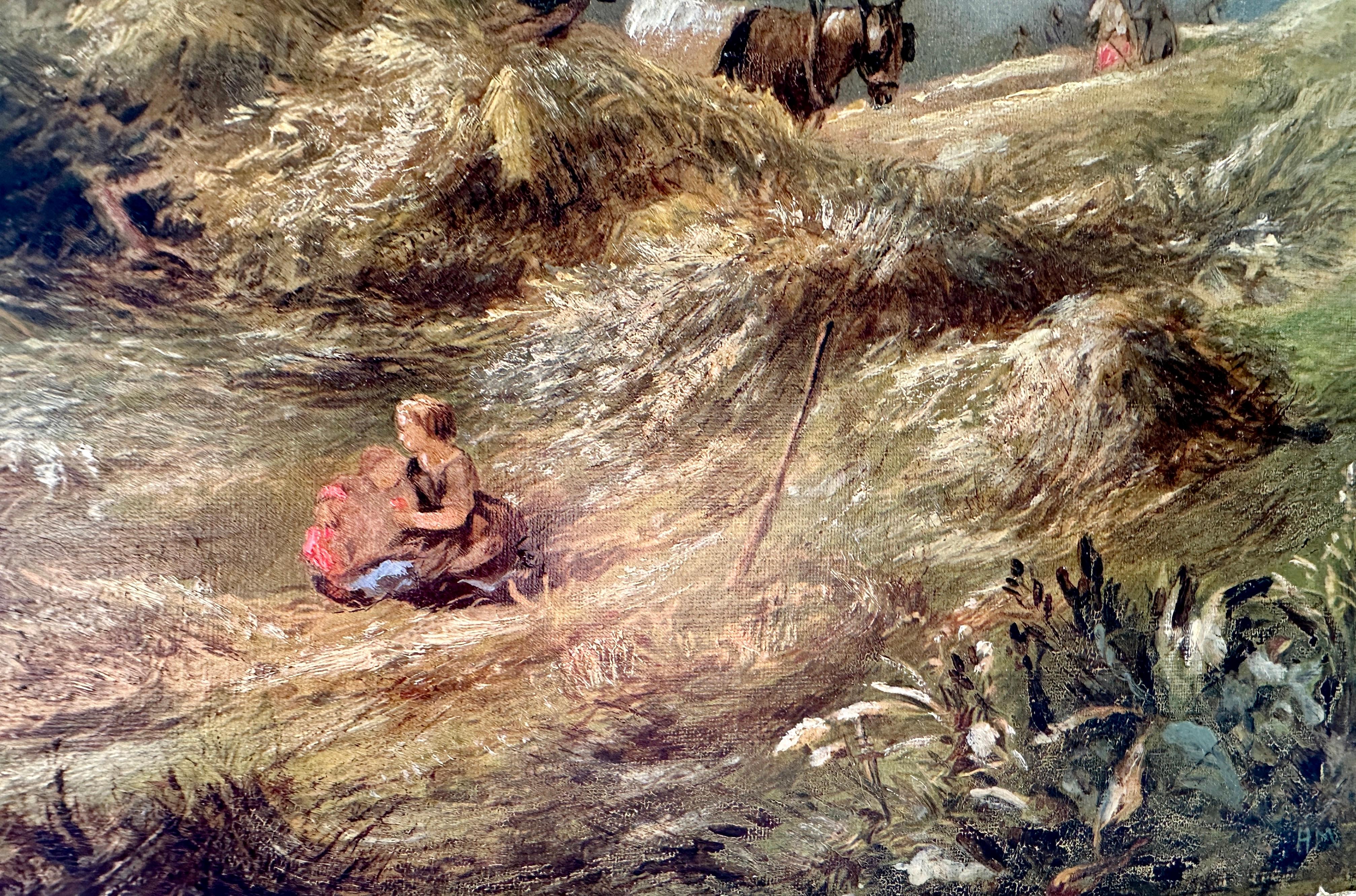 This captivating English Victorian 19th-century landscape by Henry Manders masterfully captures the timeless beauty and industrious spirit of rural life during the harvest season. Manders skillful brushwork and nuanced understanding of light and