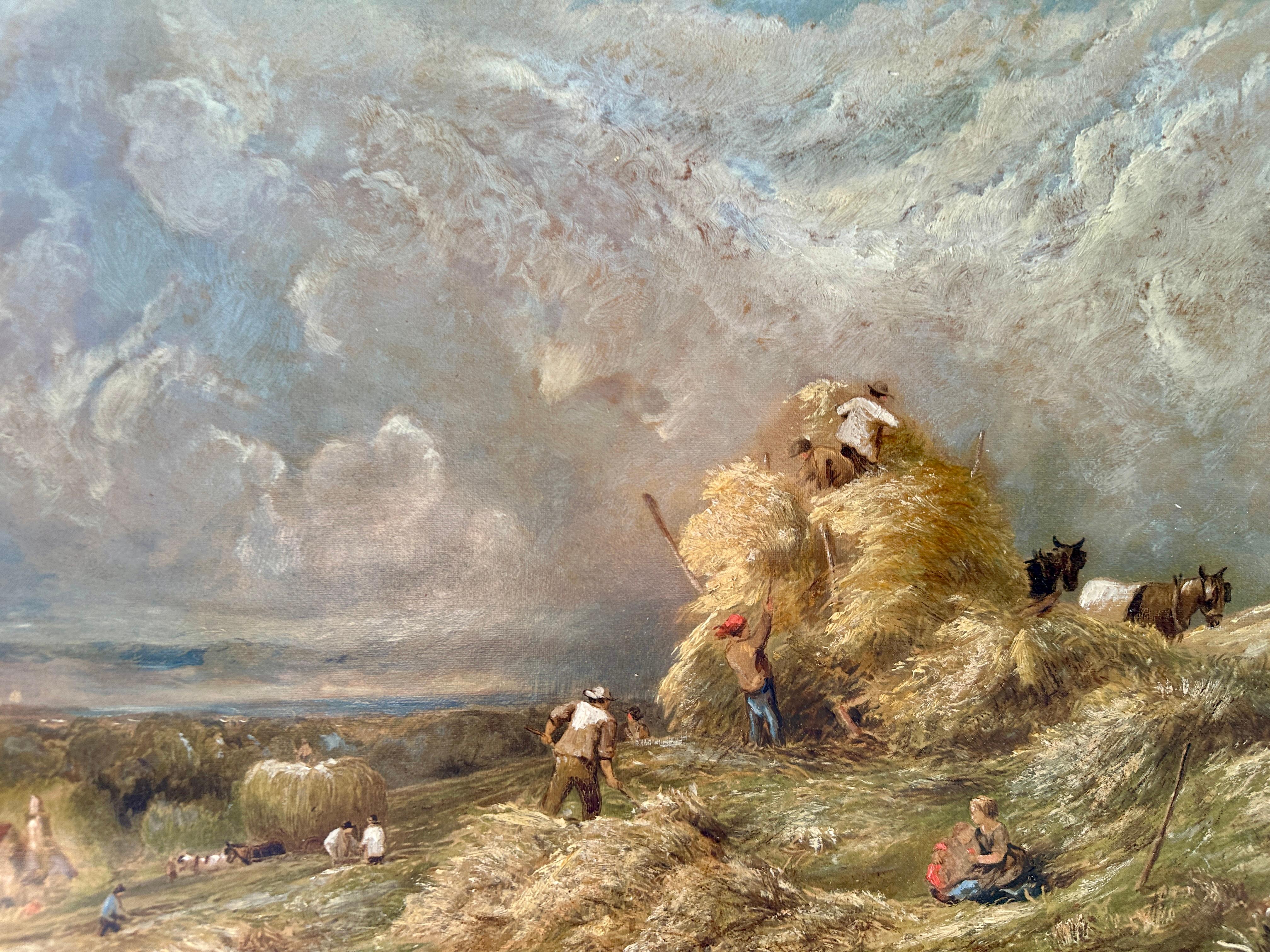 19th century English Rural landscape with figures farming  and harvesting For Sale 1