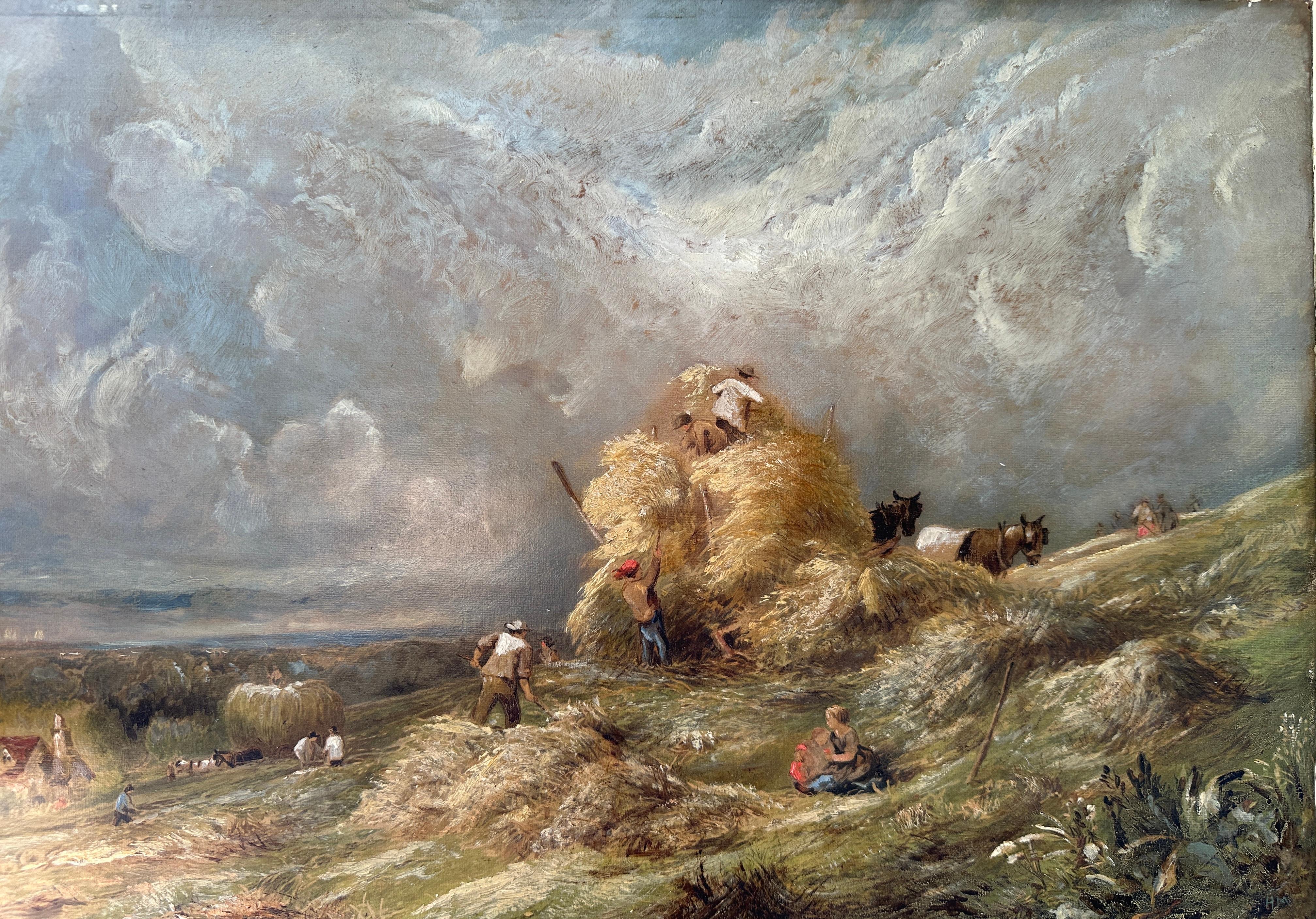 Henry Mander Figurative Painting - 19th century English Rural landscape with figures farming  and harvesting