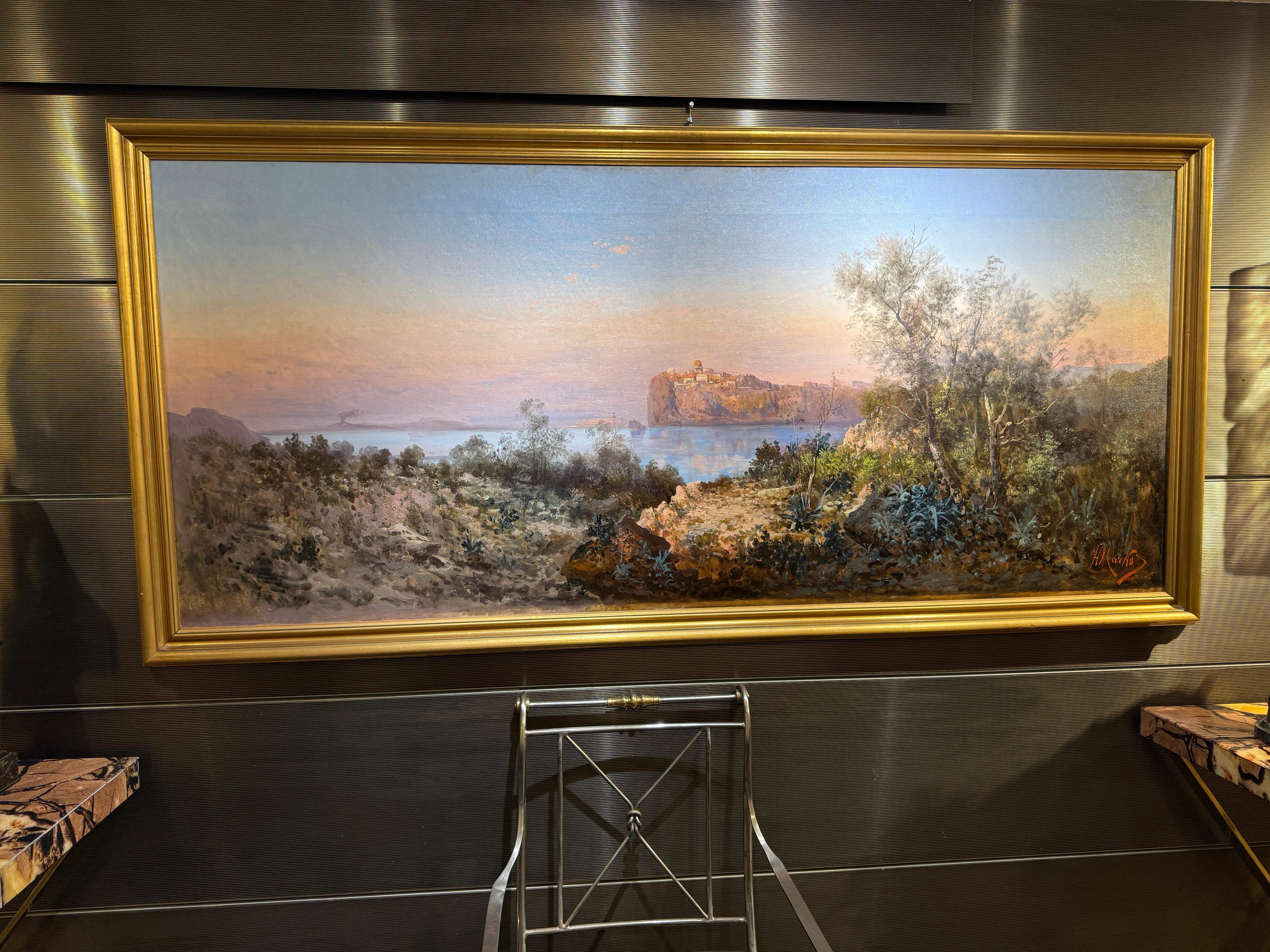 Paisaje al atardecer con la vista de la isla Procida Bahía de Nápoles - Landscape Painting Marrón de Henry Marko