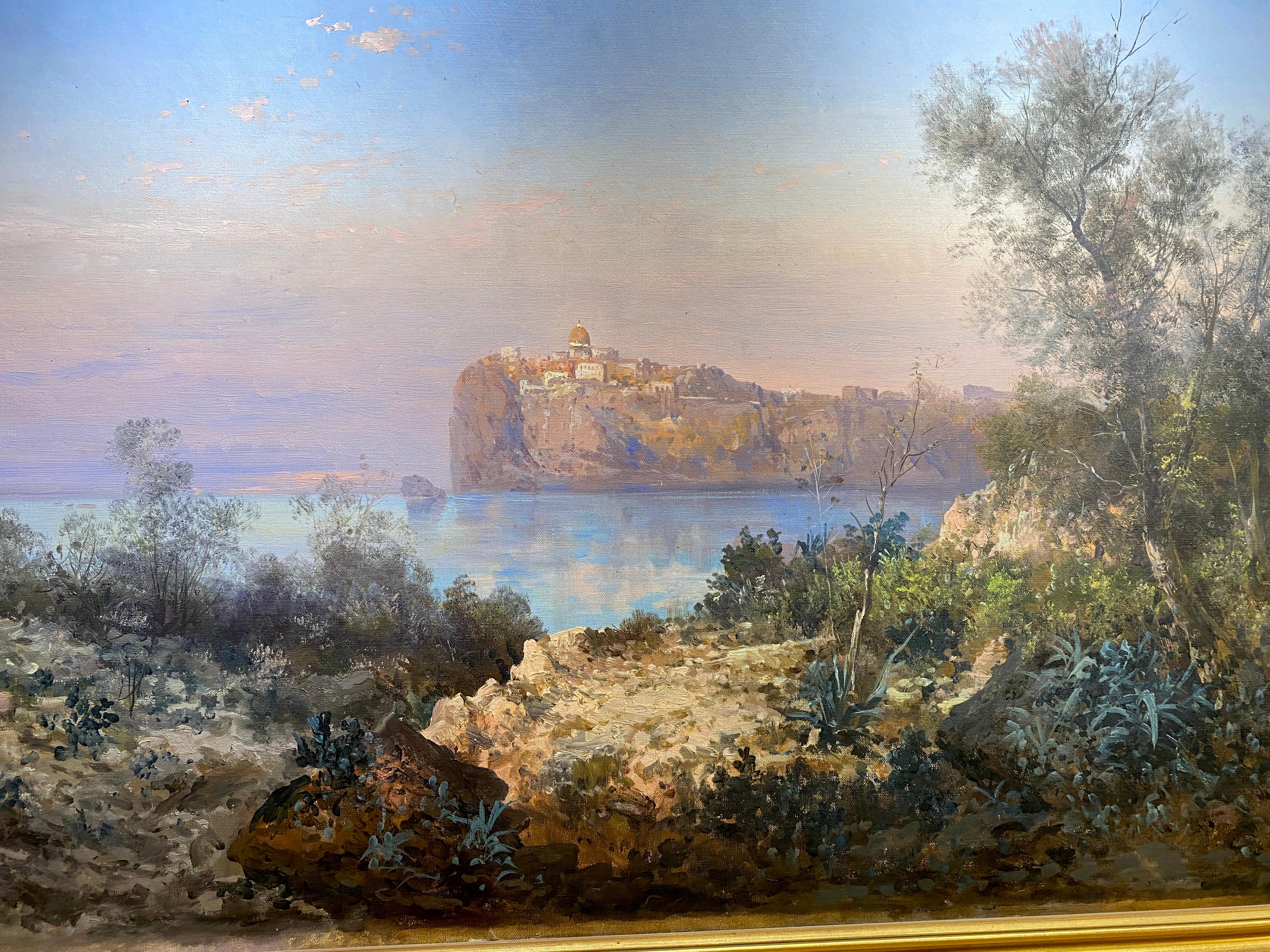 Sunset Landscape with the view of Procida Island Bay of Naples. Signed by Henry Marko' painter active in Italian landscape .
Amazing decoration  for your interior. 
Measurements with frame cm 101 x 214 
Without frame cm  86x201
