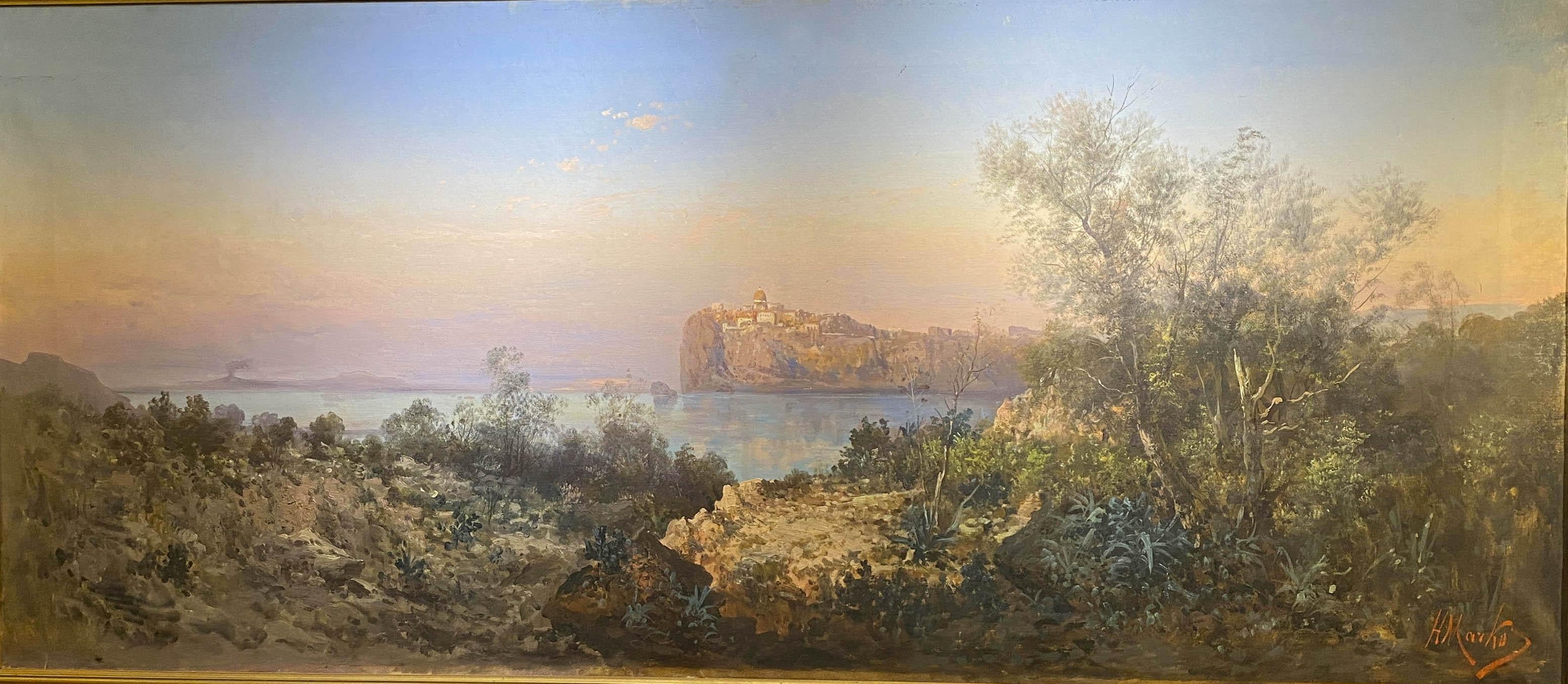 Sonnenuntergangslandschaft mit Blick auf die Insel Procida im Golf von Neapel. Signiert von Henry Marko' Maler, tätig in der italienischen Landschaft  Öl auf Leinwand .
Erstaunliche Dekoration  für Ihr Interieur. 
Maße mit Rahmen cm 101 x 214 
Ohne