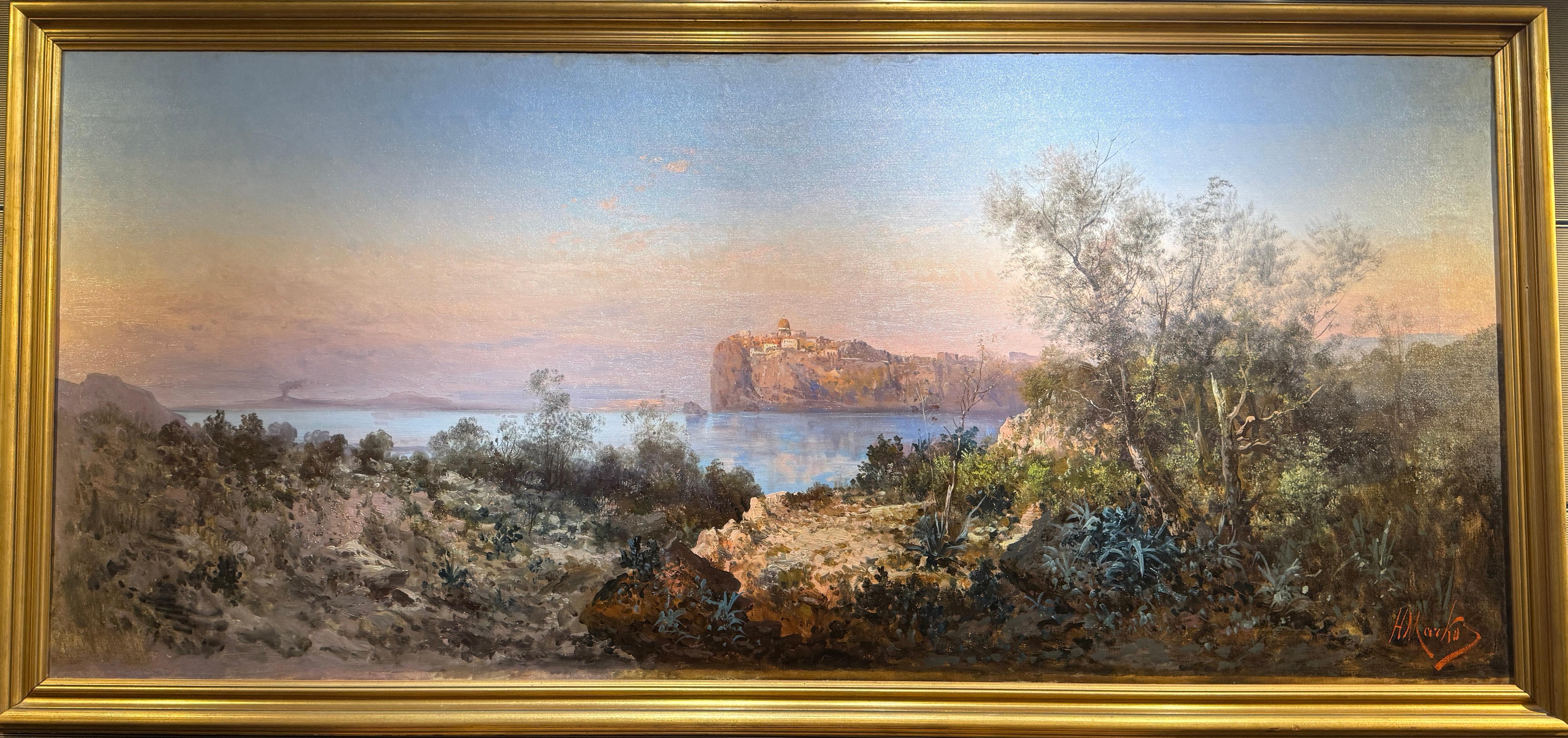 Paesaggio al tramonto con vista sull'isola di Procida e sul golfo di Napoli