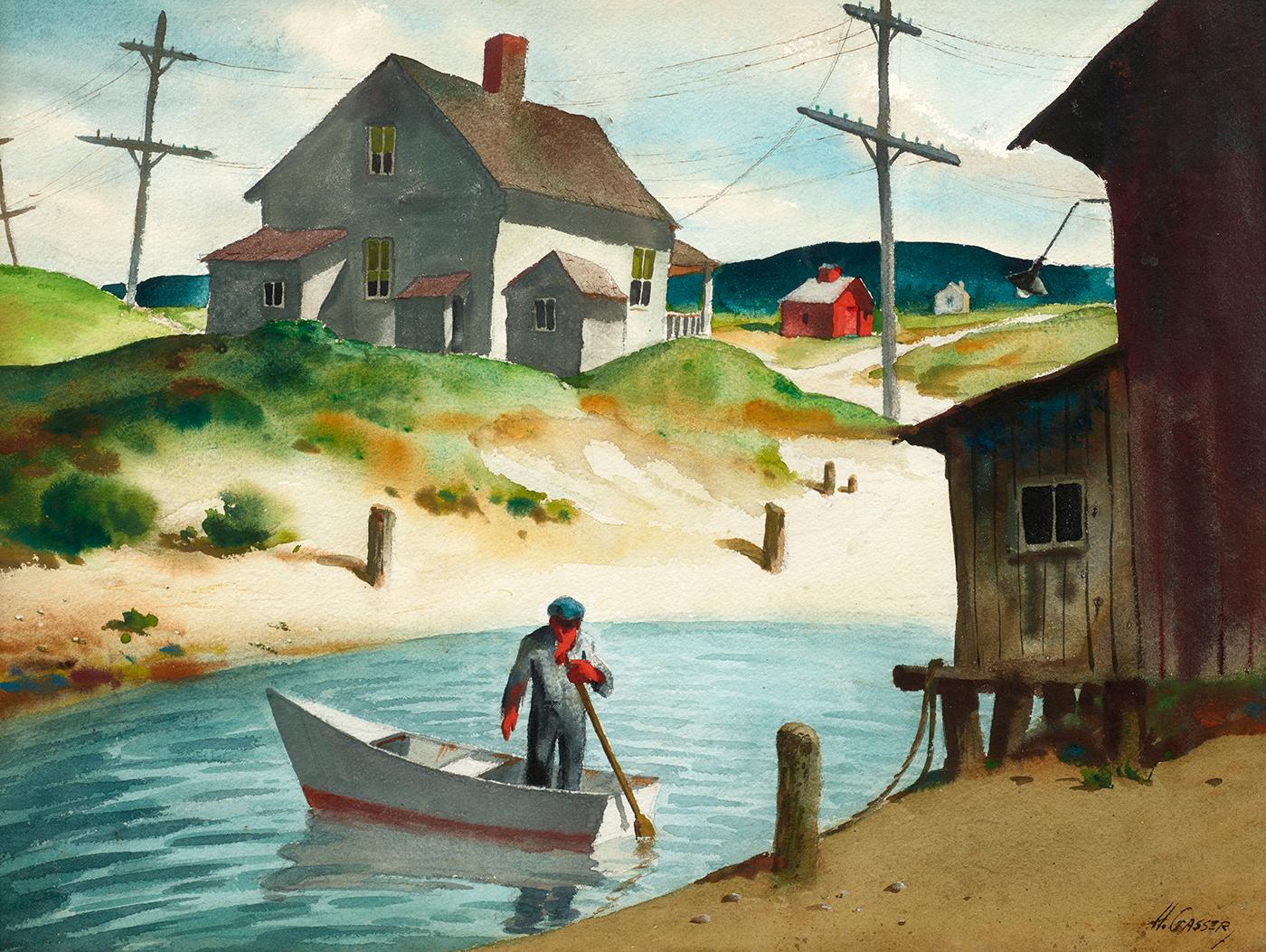 Landscape Painting di Henry Martin Gasser - Uomo in barca a remi