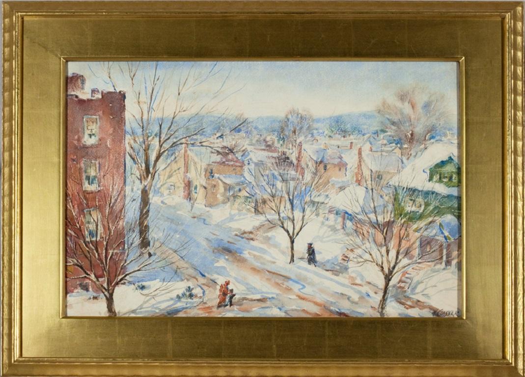 Scène de neige de la rue de Newark à la lumière du soleil avec des personnages - Painting de Henry Martin Gasser