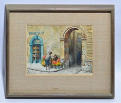 Peinture impressionniste vintage de vendeurs de fleurs à Rome par Henry Gasser