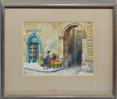 Vintage Impressionist Painting of Flower Sellers in Rome by Henry Gasser