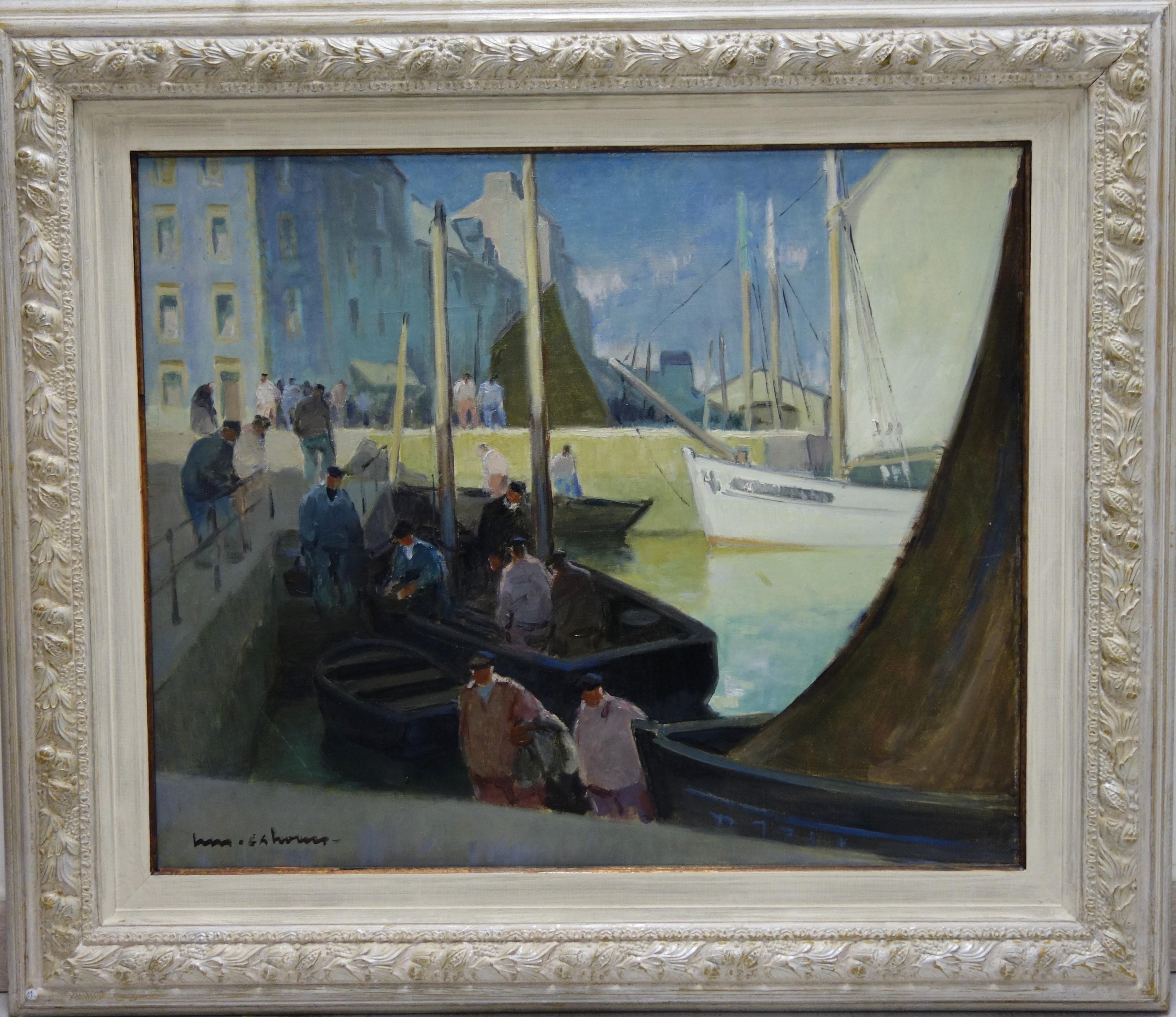 Henry Maurice CAHOURS Landscape Painting - Boat, Port, France "L'arrivée au port" Douarnenez" Oil cm.73 x 60  1922