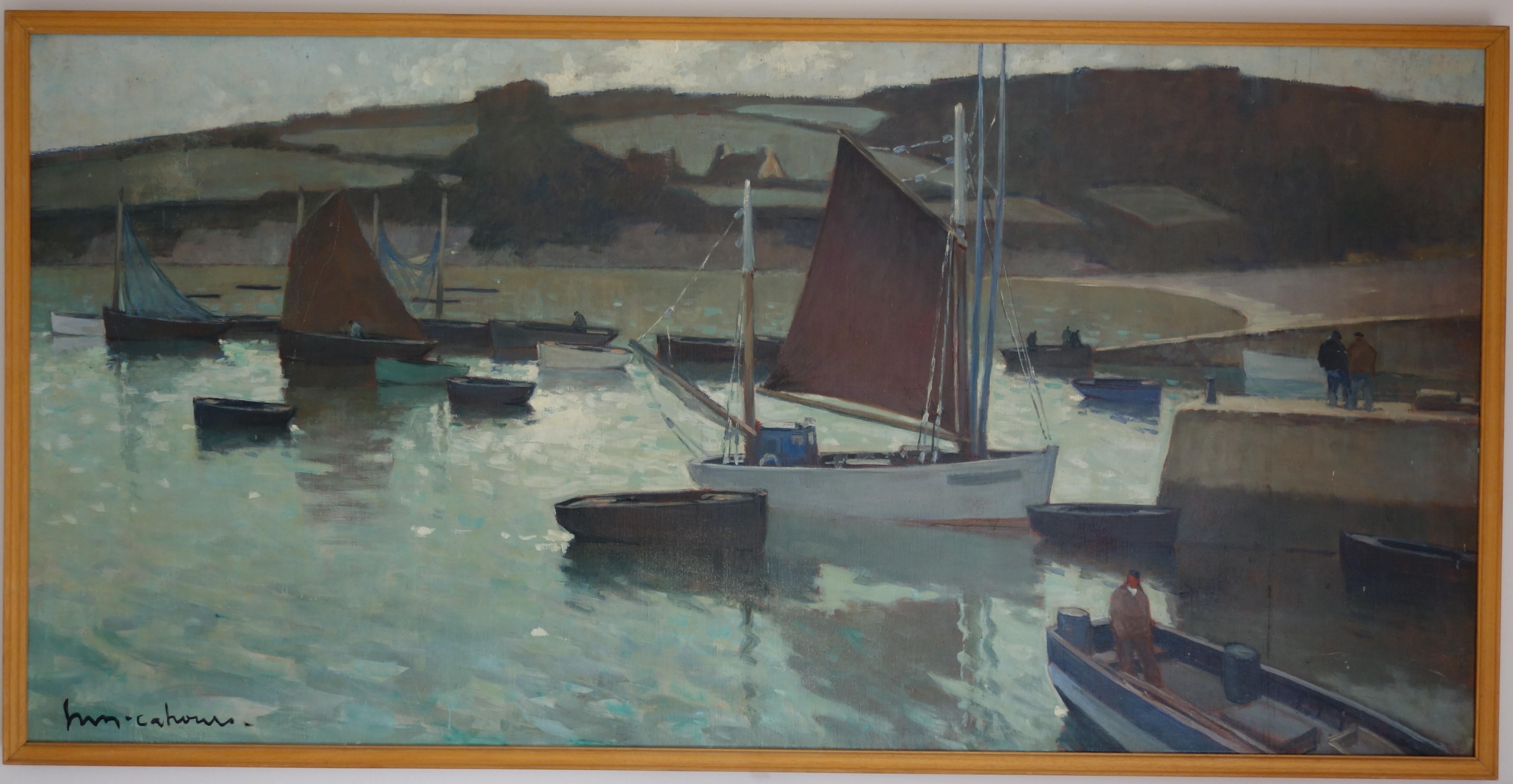 Henry Maurice CAHOURS Landscape Painting - "Boats in the harbor" France, Oil cm. 180 x 95